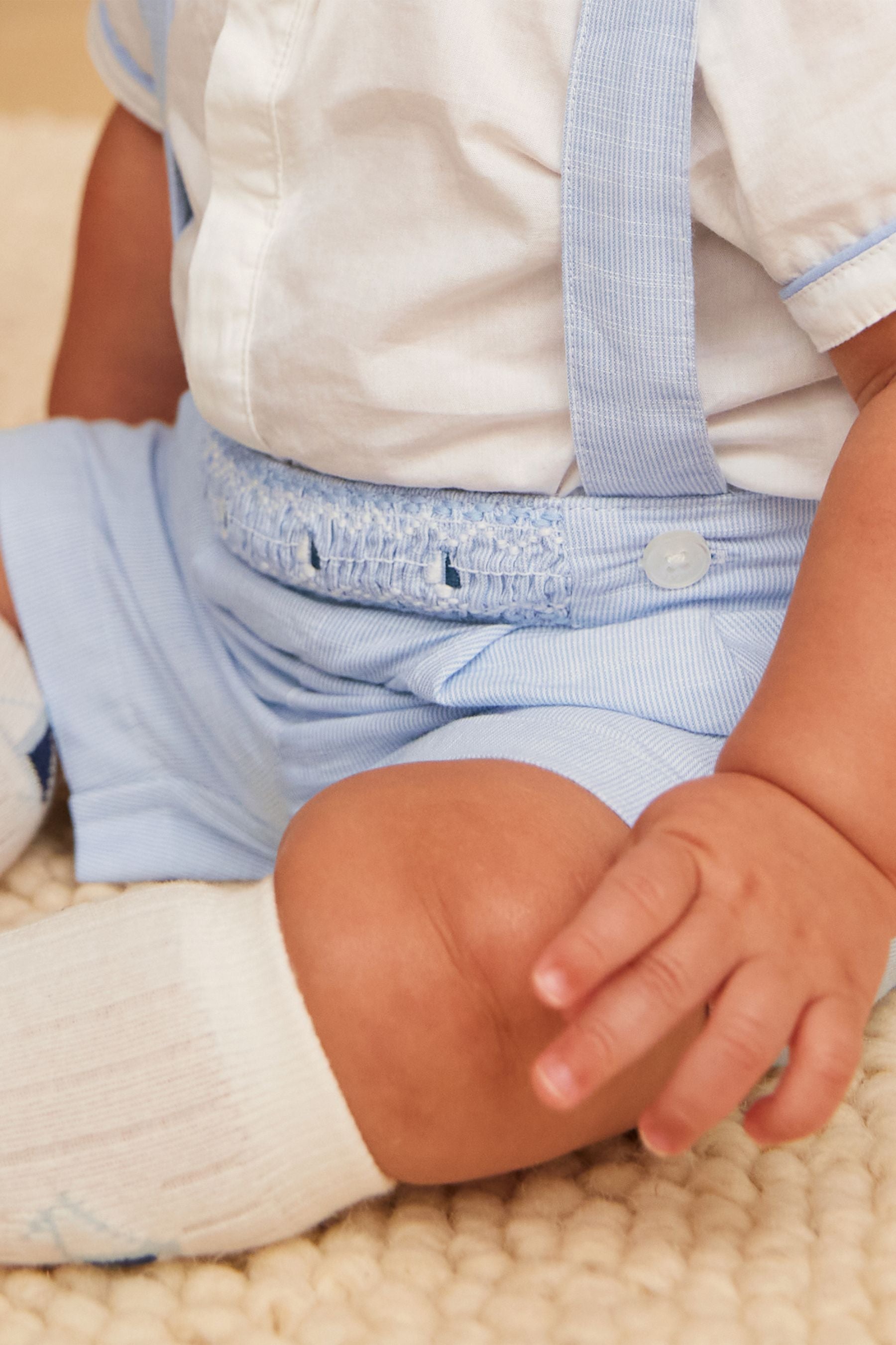 Pale Blue Three Piece Baby Smart Shirt, Shorts And Socks Set (0mths-2yrs)