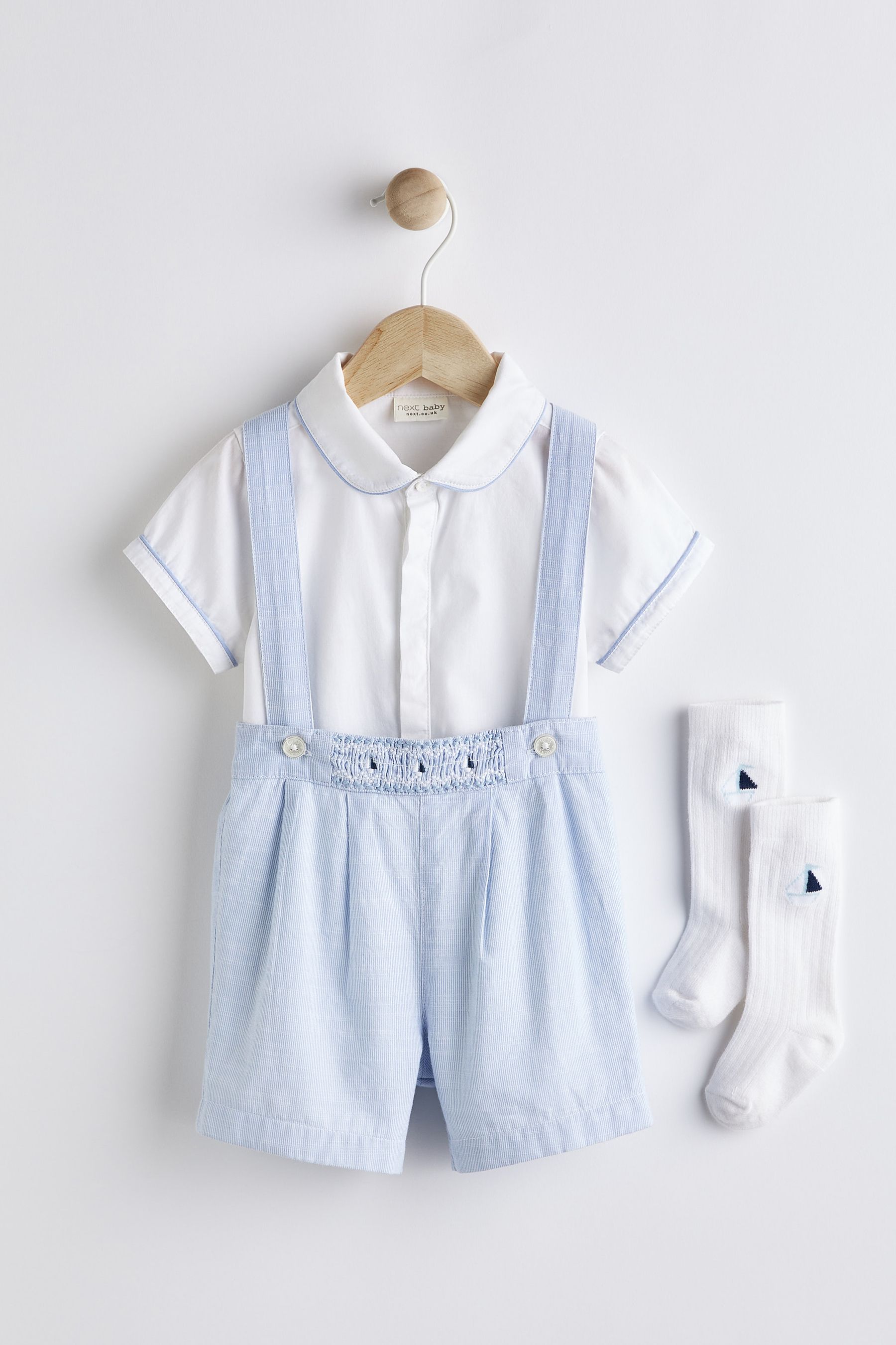 Pale Blue Three Piece Baby Smart Shirt, Shorts And Socks Set (0mths-2yrs)