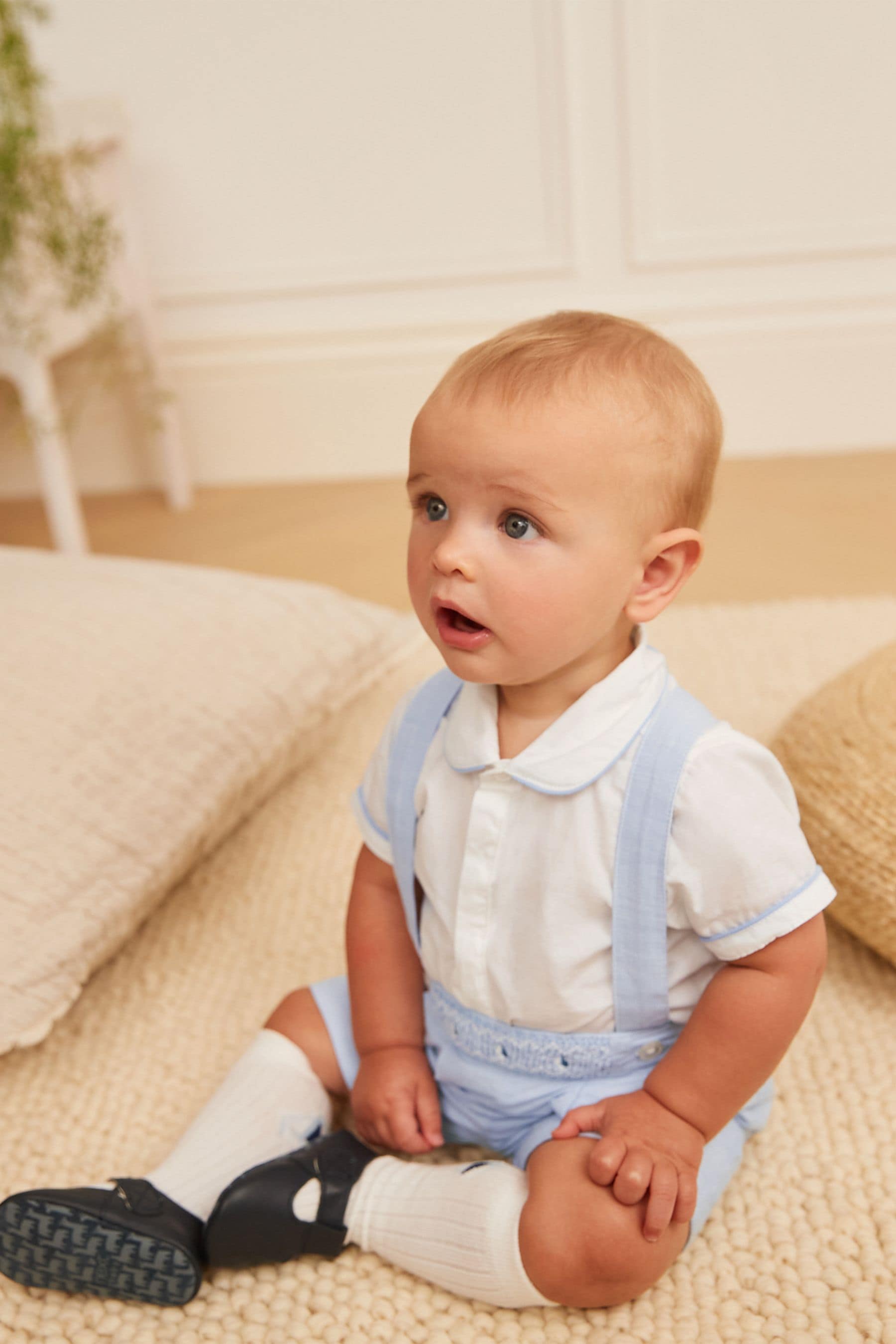 Pale Blue Three Piece Baby Smart Shirt, Shorts And Socks Set (0mths-2yrs)