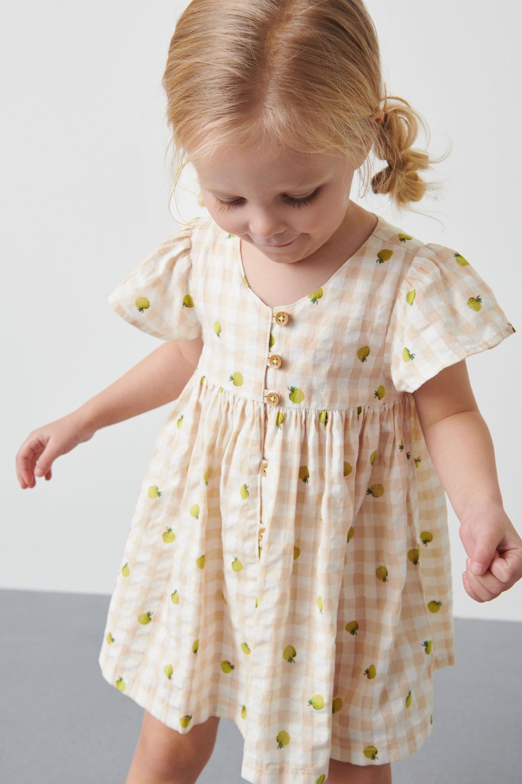 Ecru Cream/Green Apple Fruit Print Cotton Gingham Dress (3mths-8yrs)