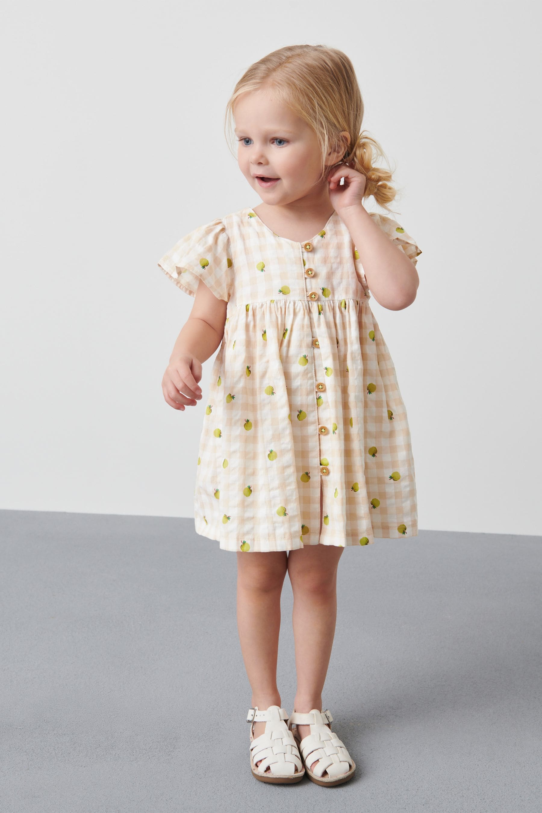 Ecru Cream/Green Apple Fruit Print Cotton Gingham Dress (3mths-8yrs)