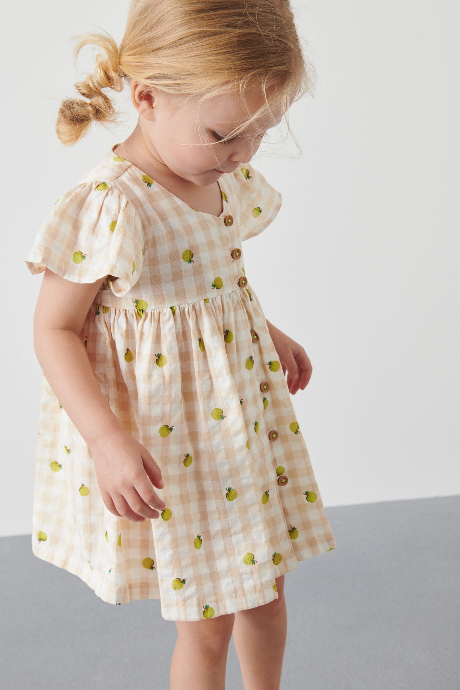 Ecru Cream/Green Apple Fruit Print Cotton Gingham Dress (3mths-8yrs)