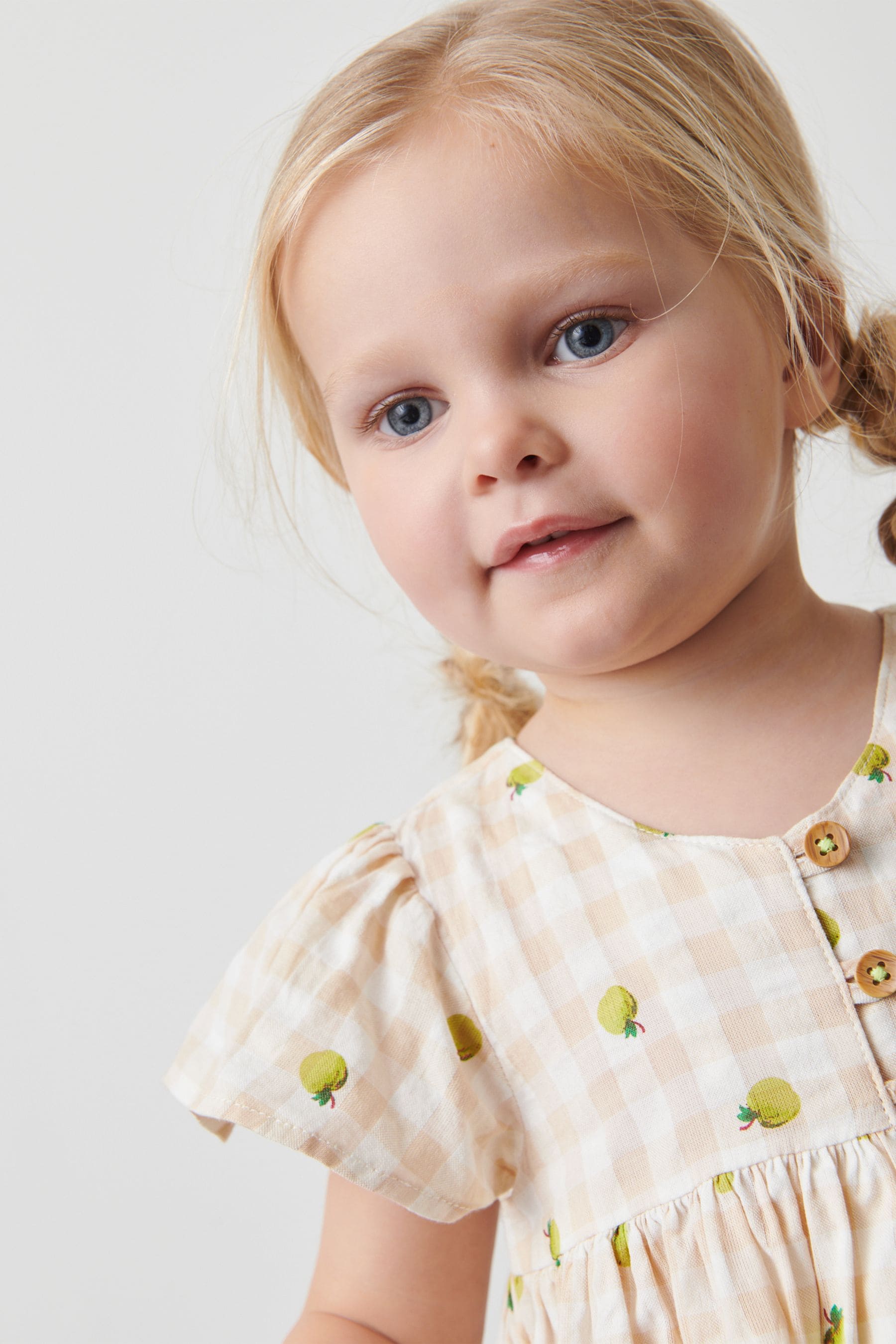 Ecru Cream/Green Apple Fruit Print Cotton Gingham Dress (3mths-8yrs)