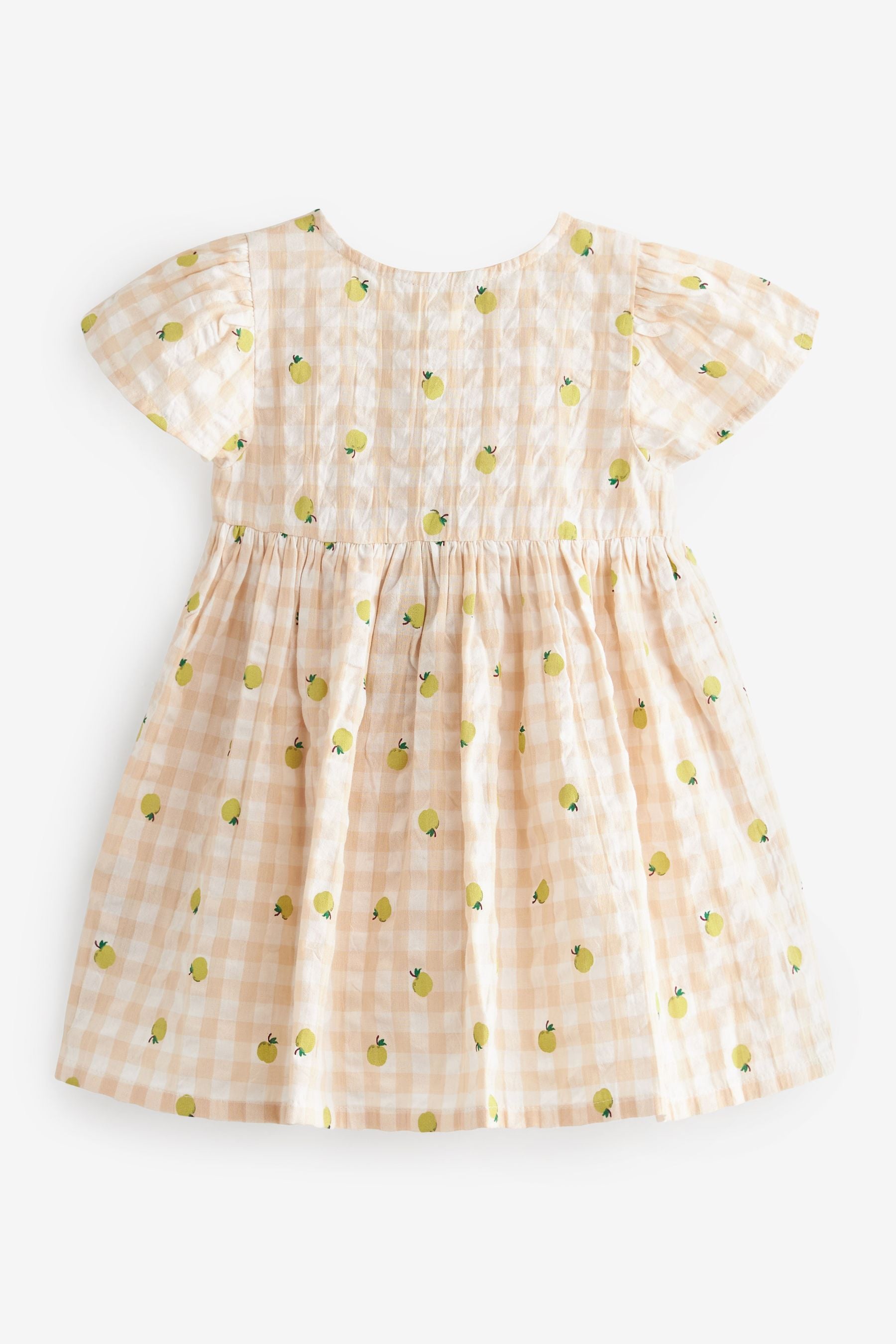 Ecru Cream/Green Apple Fruit Print Cotton Gingham Dress (3mths-8yrs)