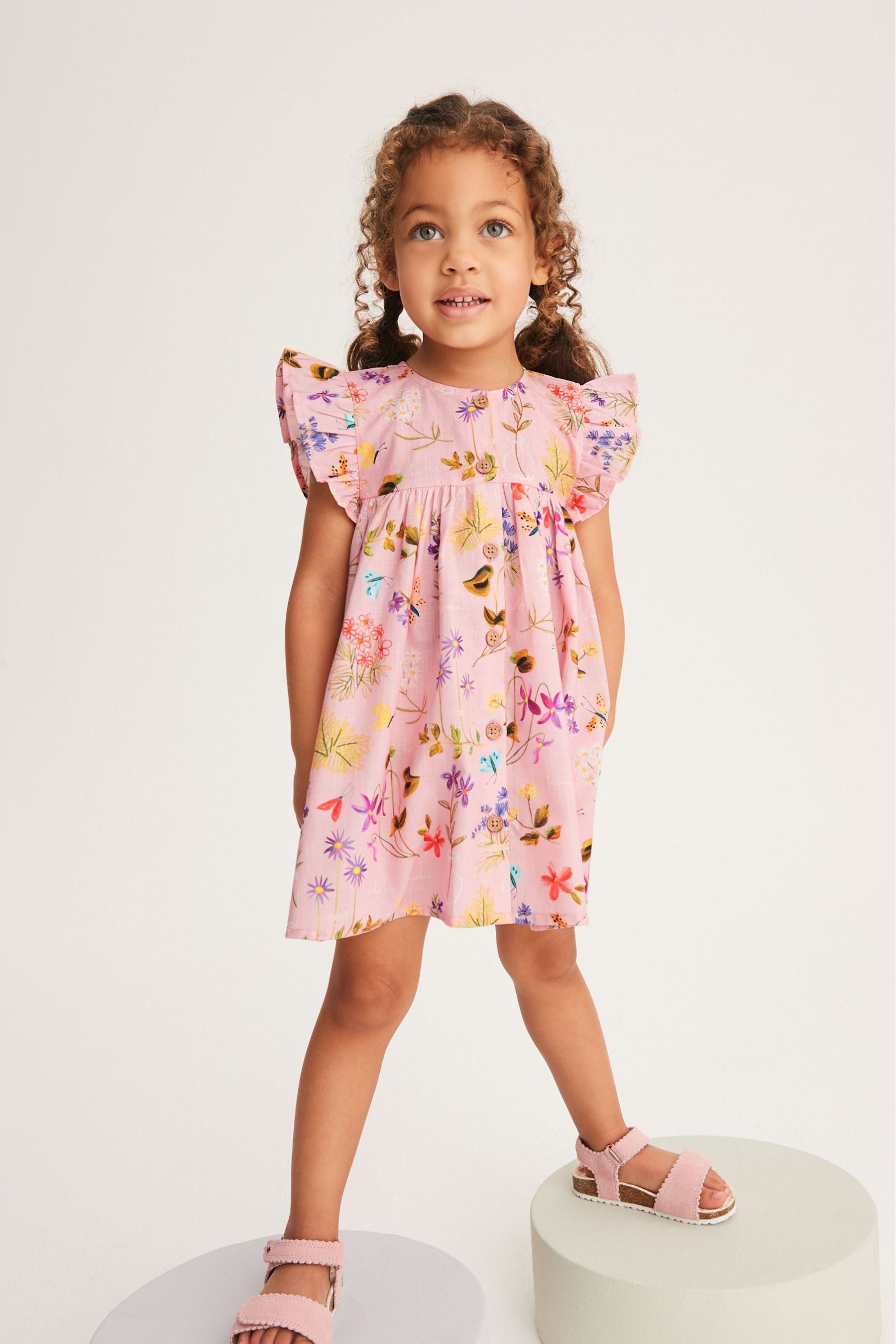 Pink Floral Frill Sleeve Cotton Dress (3mths-8yrs)