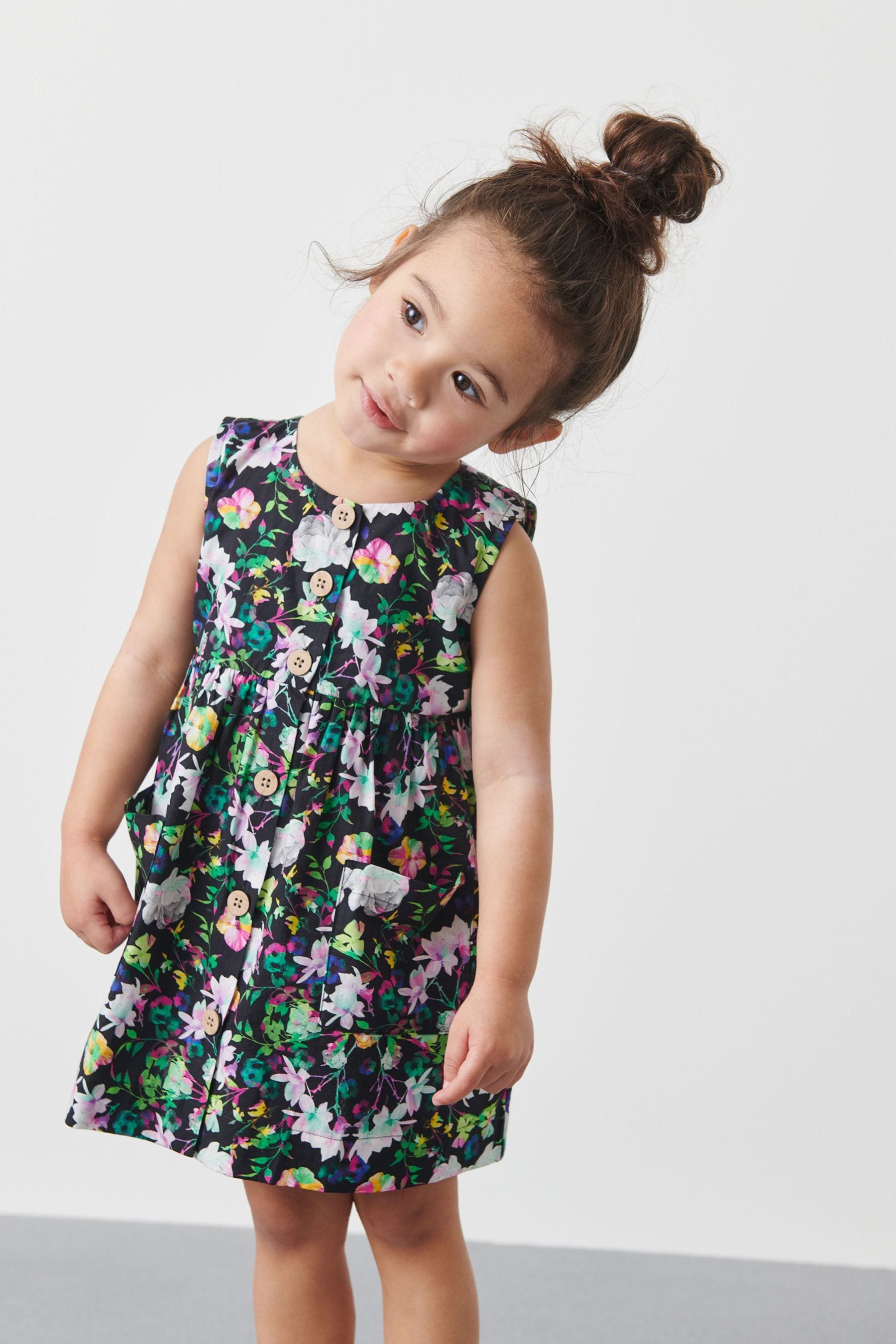 Black Floral Button Front Cotton Dress (3mths-8yrs)