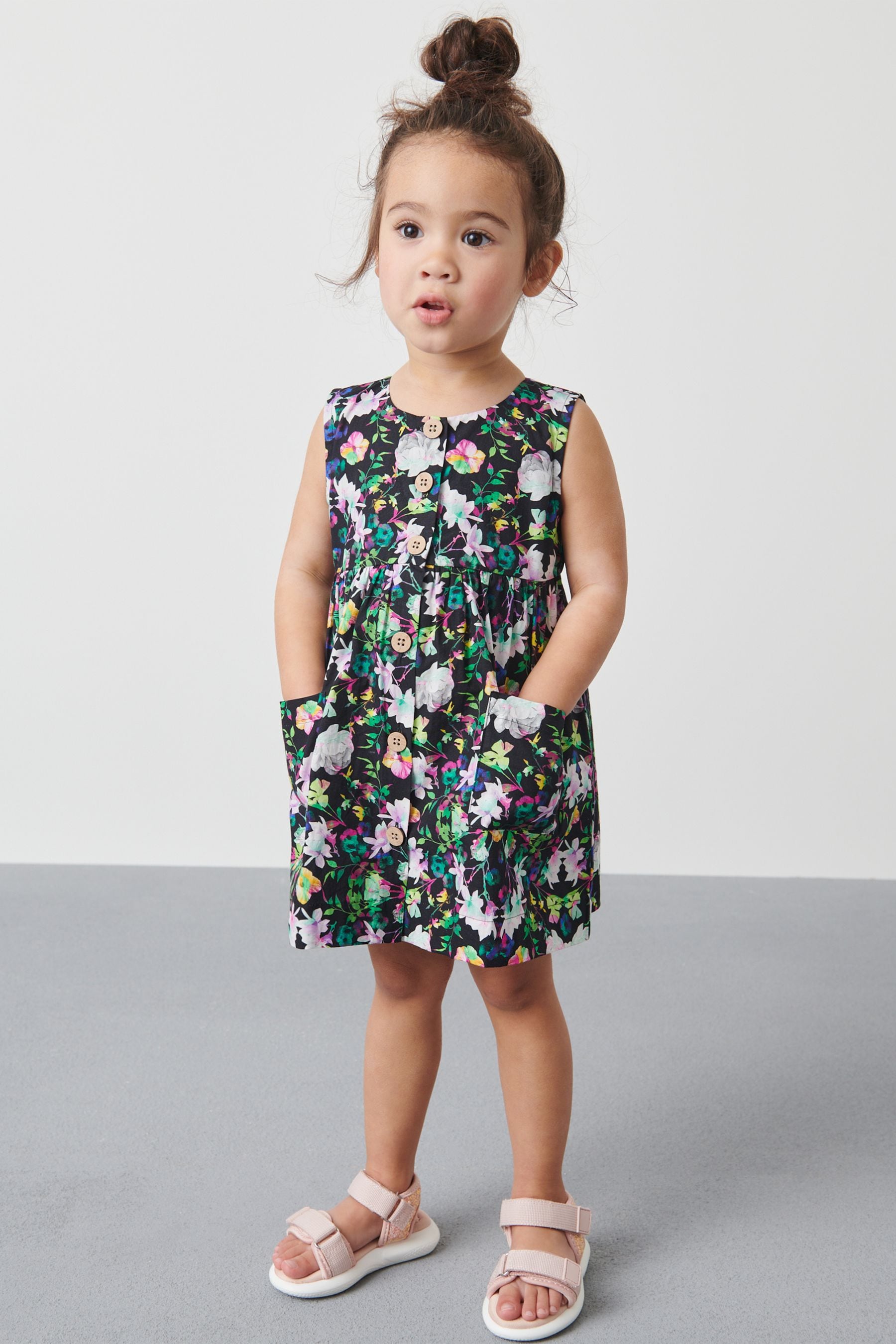 Black Floral Button Front Cotton Dress (3mths-8yrs)