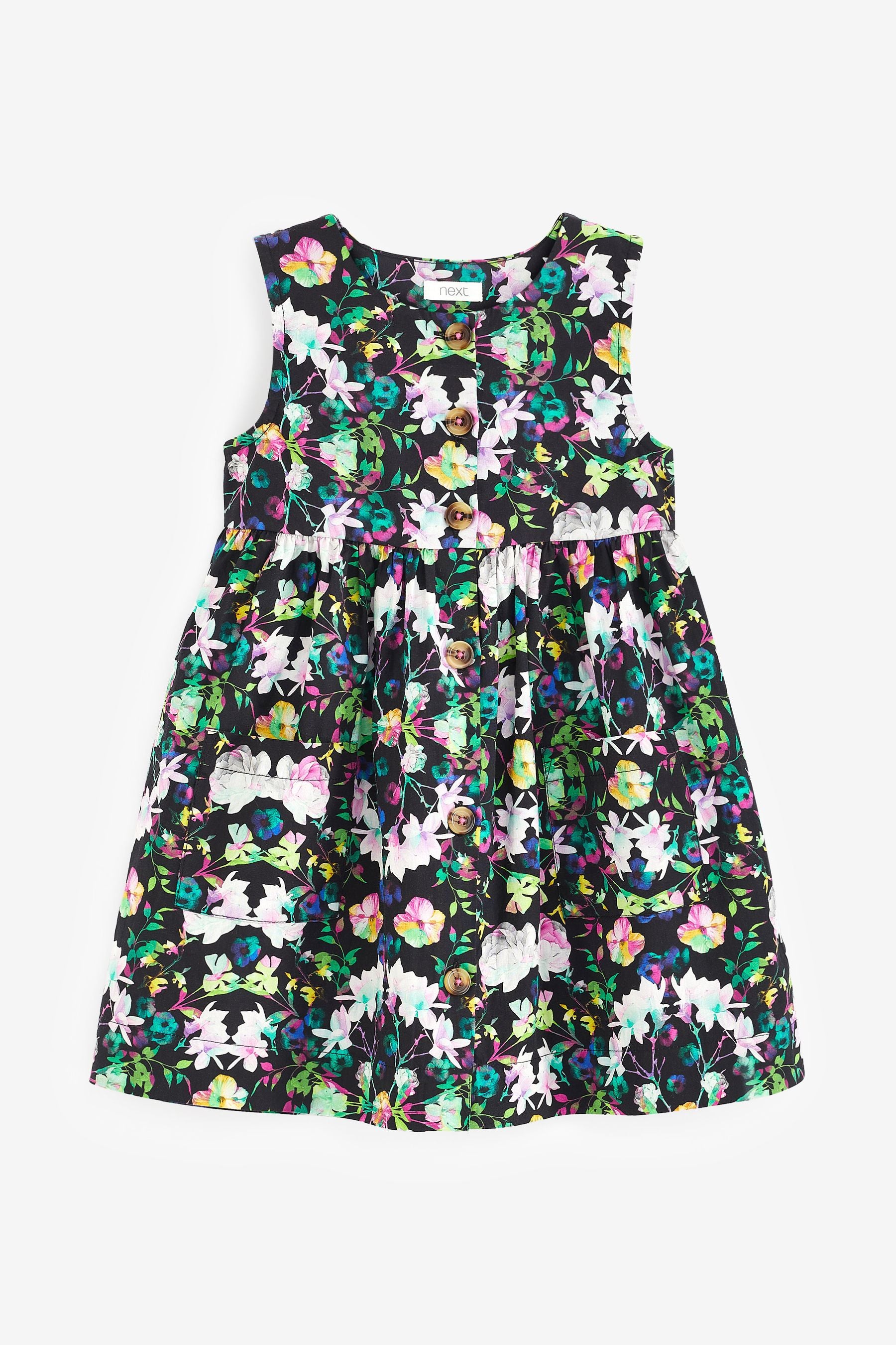 Black Floral Button Front Cotton Dress (3mths-8yrs)