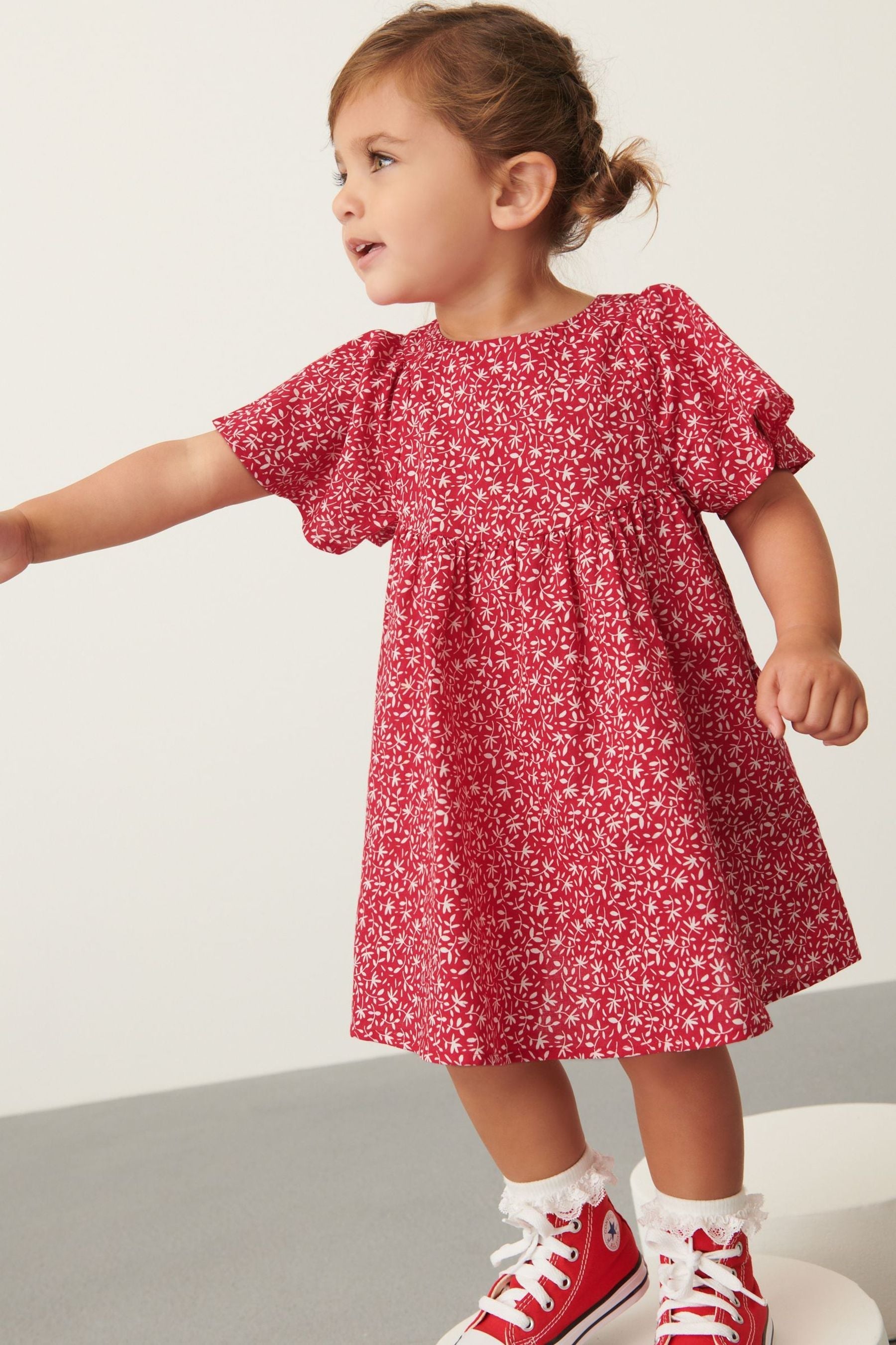 Red Ditsy Angel Sleeve Cotton Dress (3mths-8yrs)