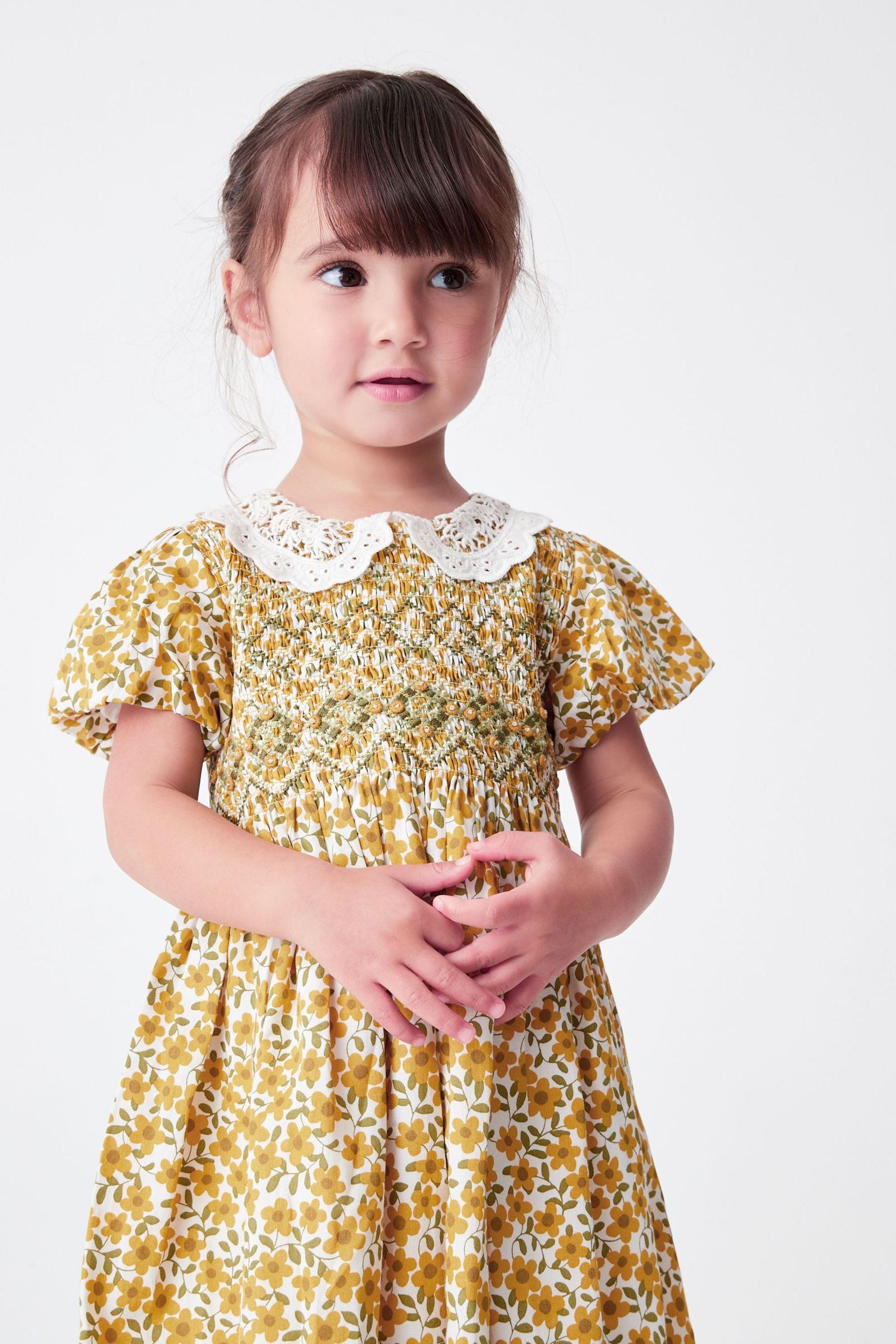 Ochre Yellow Floral Printed Lace Collar Shirred Cotton Dress (3mths-7yrs)