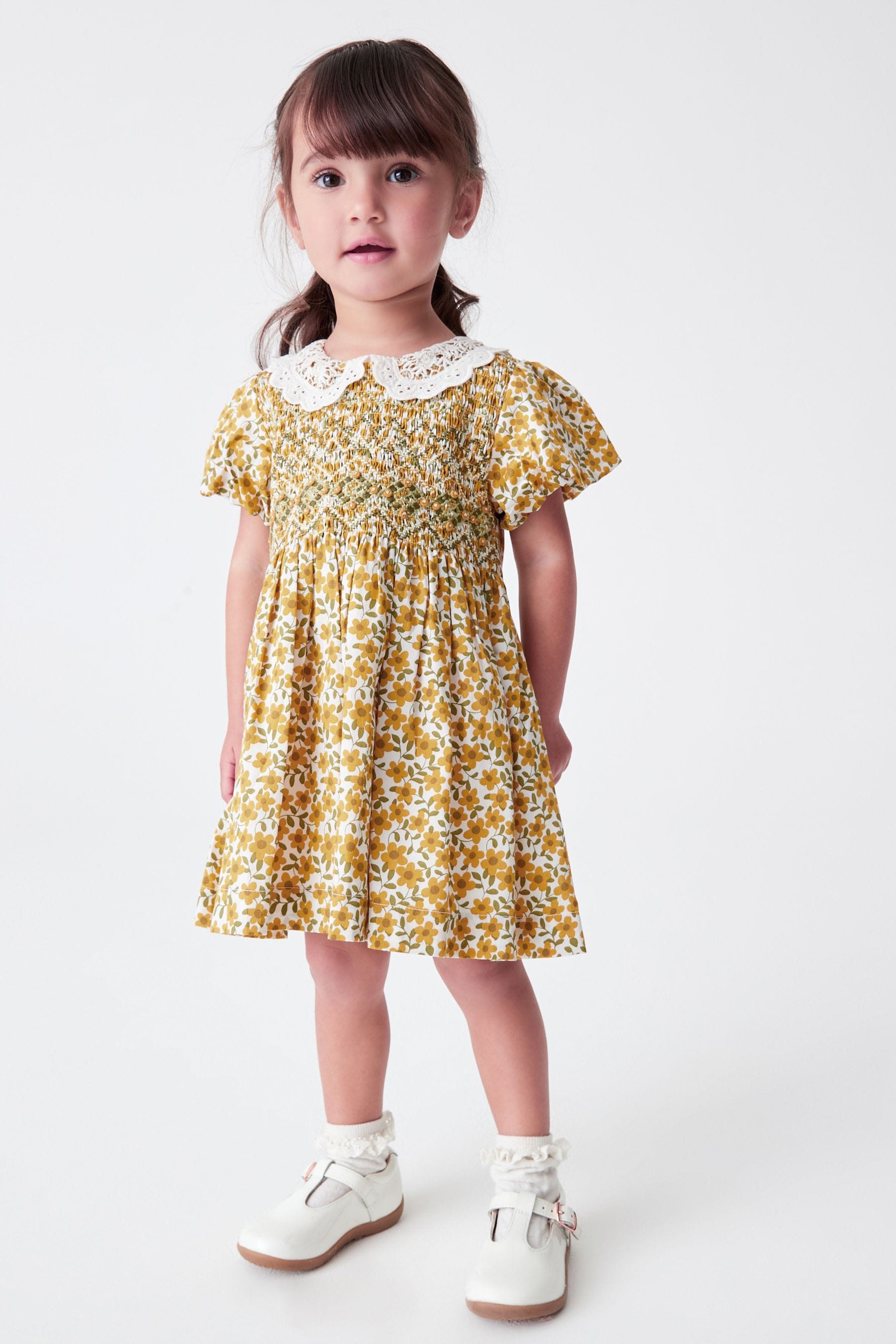 Ochre Yellow Floral Printed Lace Collar Shirred Cotton Dress (3mths-7yrs)