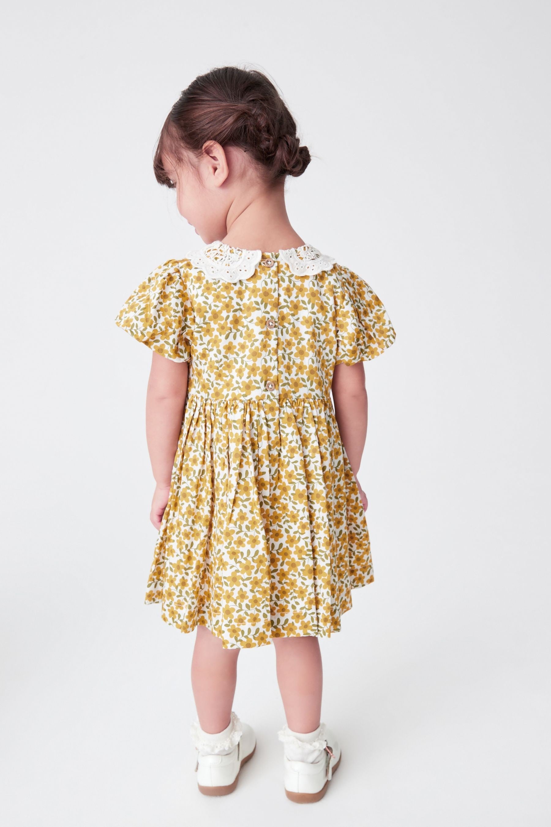 Ochre Yellow Floral Printed Lace Collar Shirred Cotton Dress (3mths-7yrs)