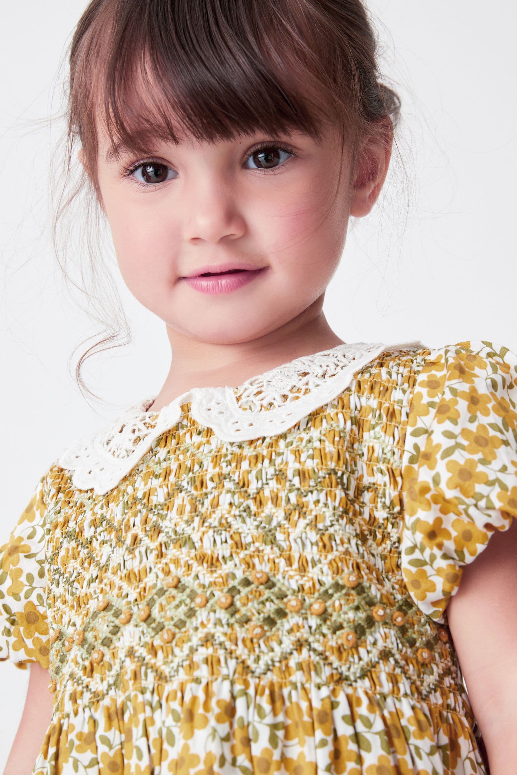 Ochre Yellow Floral Printed Lace Collar Shirred Cotton Dress (3mths-7yrs)