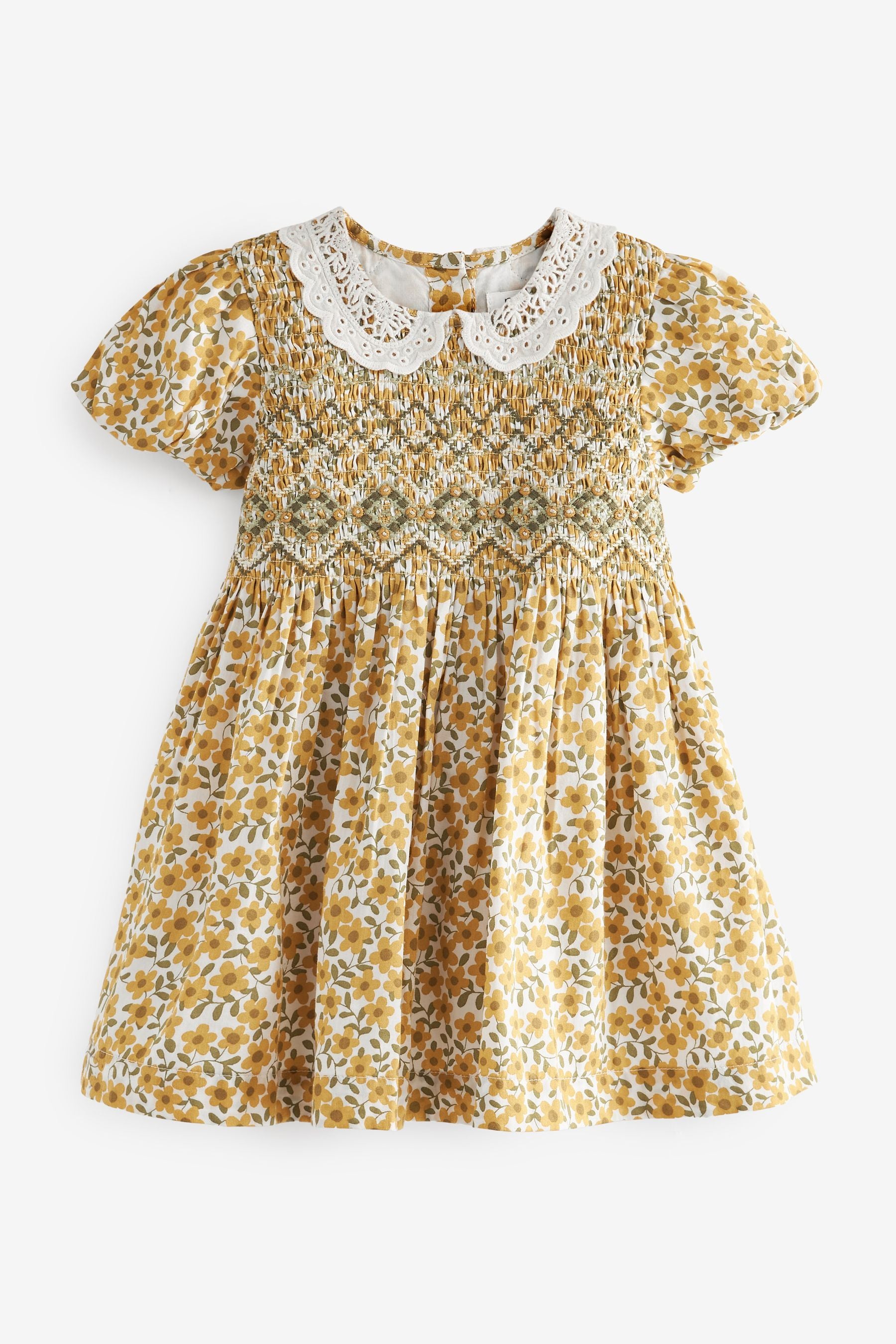 Ochre Yellow Floral Printed Lace Collar Shirred Cotton Dress (3mths-7yrs)