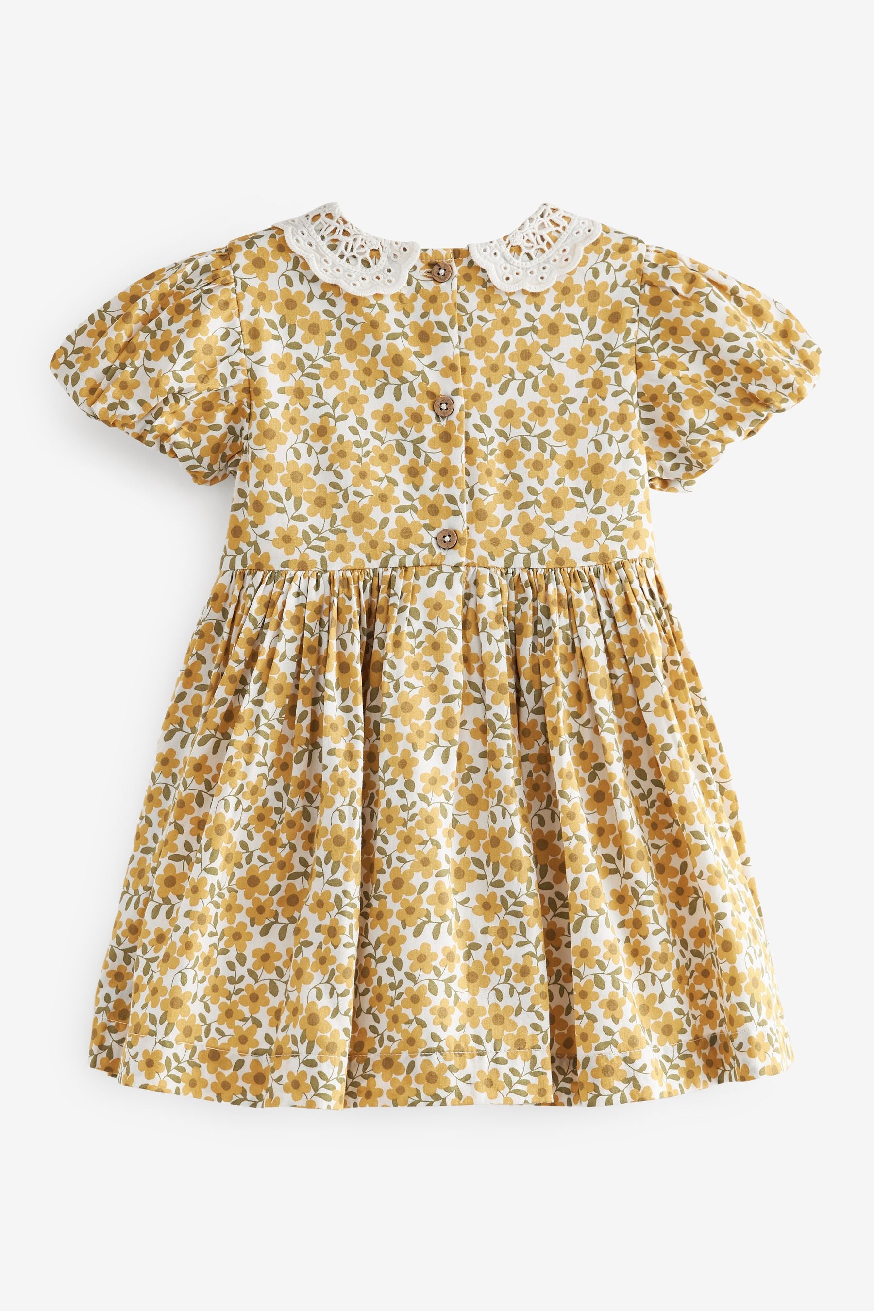 Ochre Yellow Floral Printed Lace Collar Shirred Cotton Dress (3mths-7yrs)