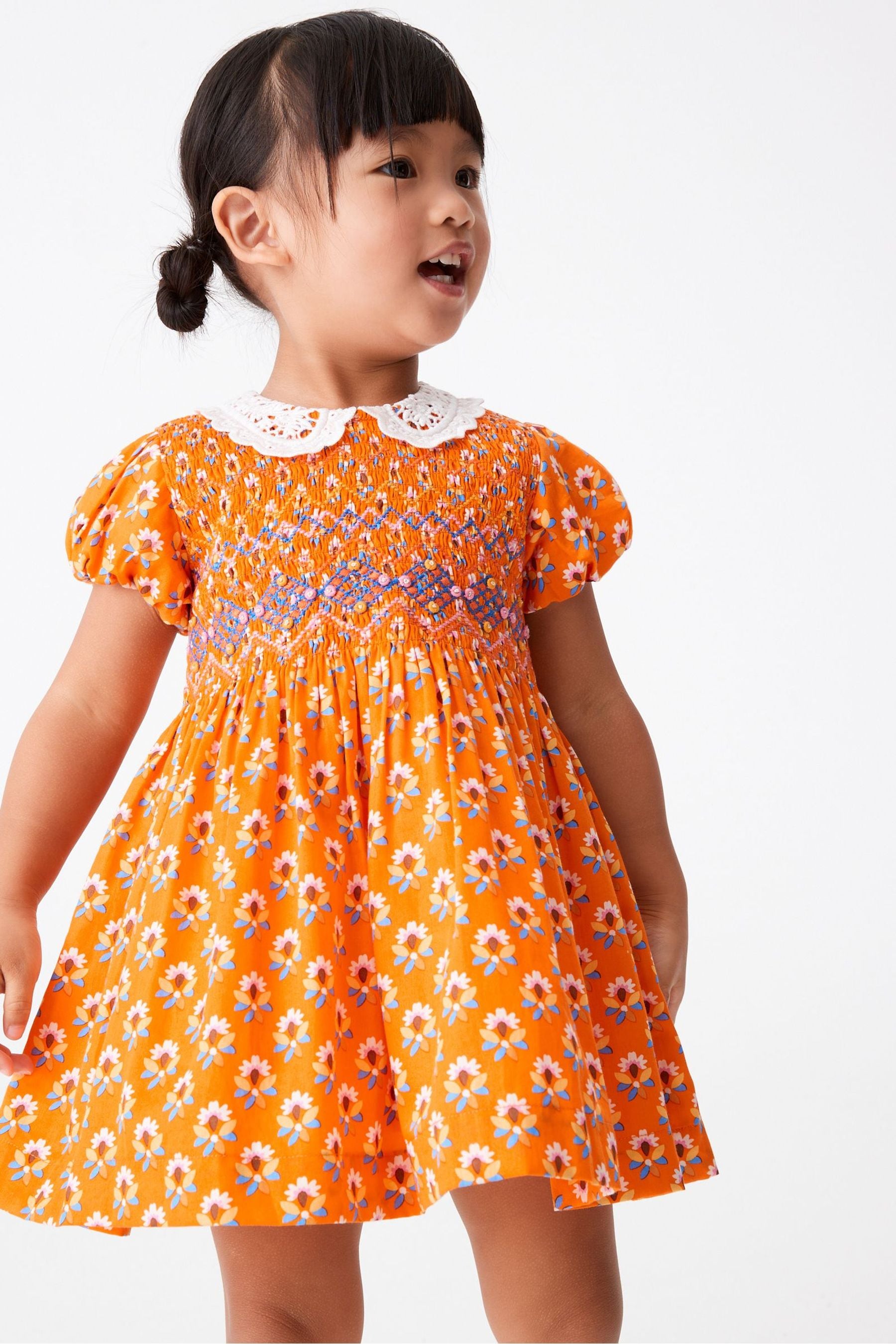 Orange Geo Printed Lace Collar Shirred Cotton Dress (3mths-7yrs)