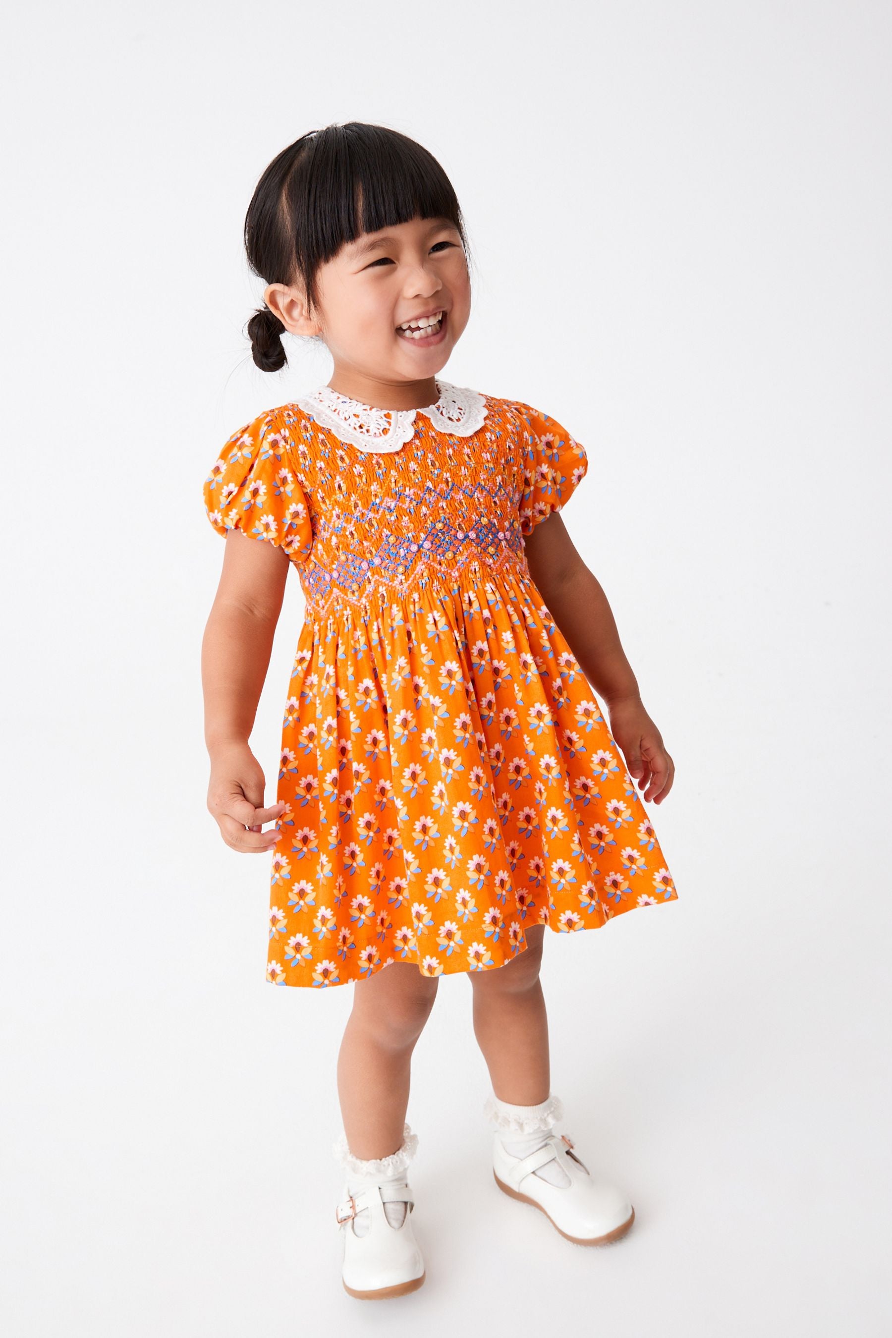 Orange Geo Printed Lace Collar Shirred Cotton Dress (3mths-7yrs)