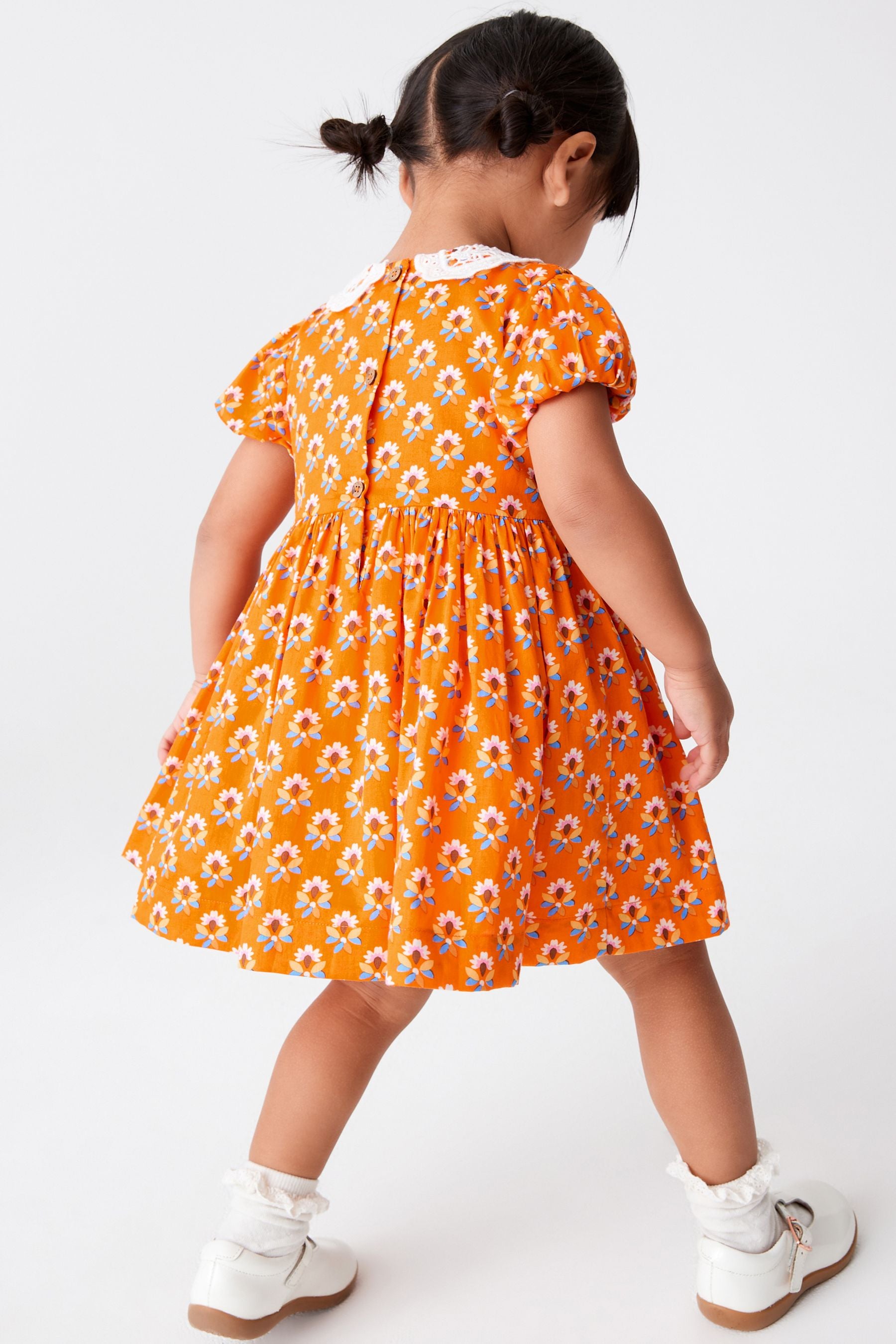 Orange Geo Printed Lace Collar Shirred Cotton Dress (3mths-7yrs)