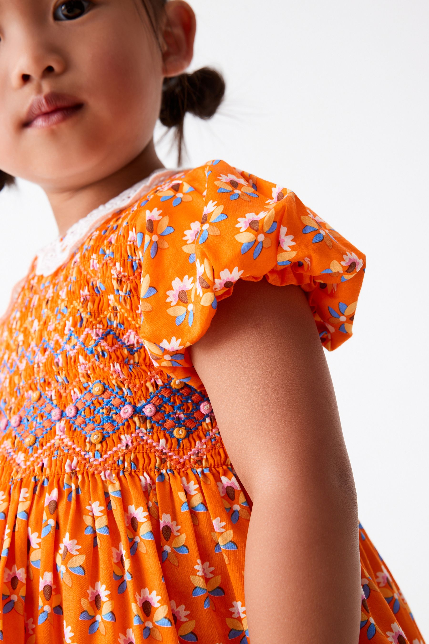 Orange Geo Printed Lace Collar Shirred Cotton Dress (3mths-7yrs)