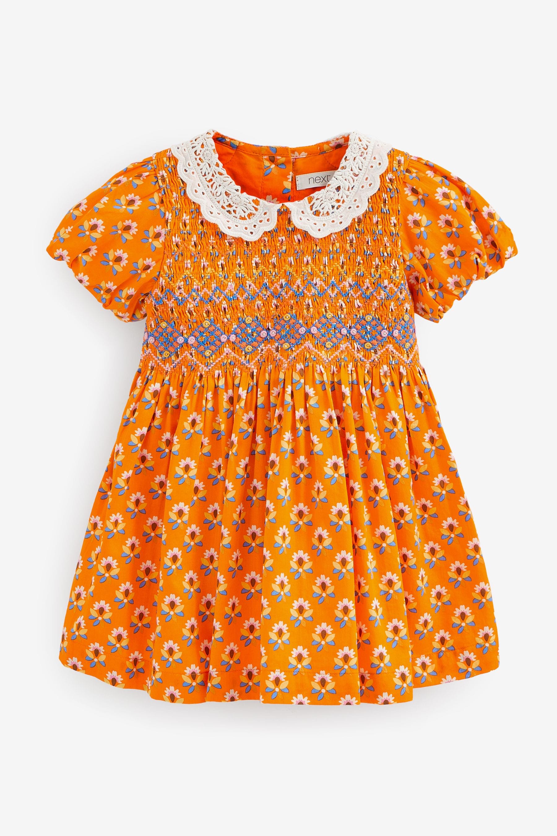 Orange Geo Printed Lace Collar Shirred Cotton Dress (3mths-7yrs)