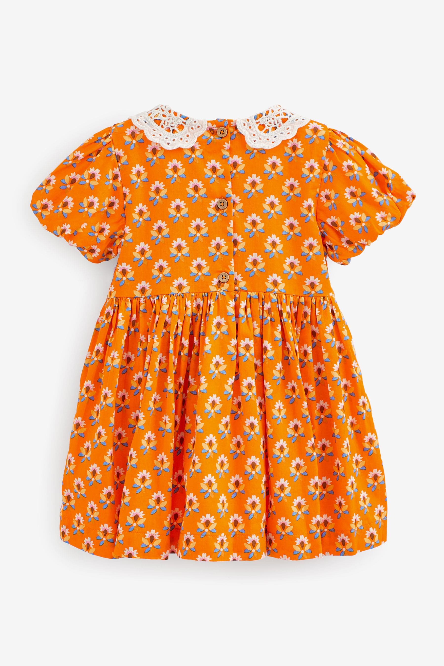 Orange Geo Printed Lace Collar Shirred Cotton Dress (3mths-7yrs)