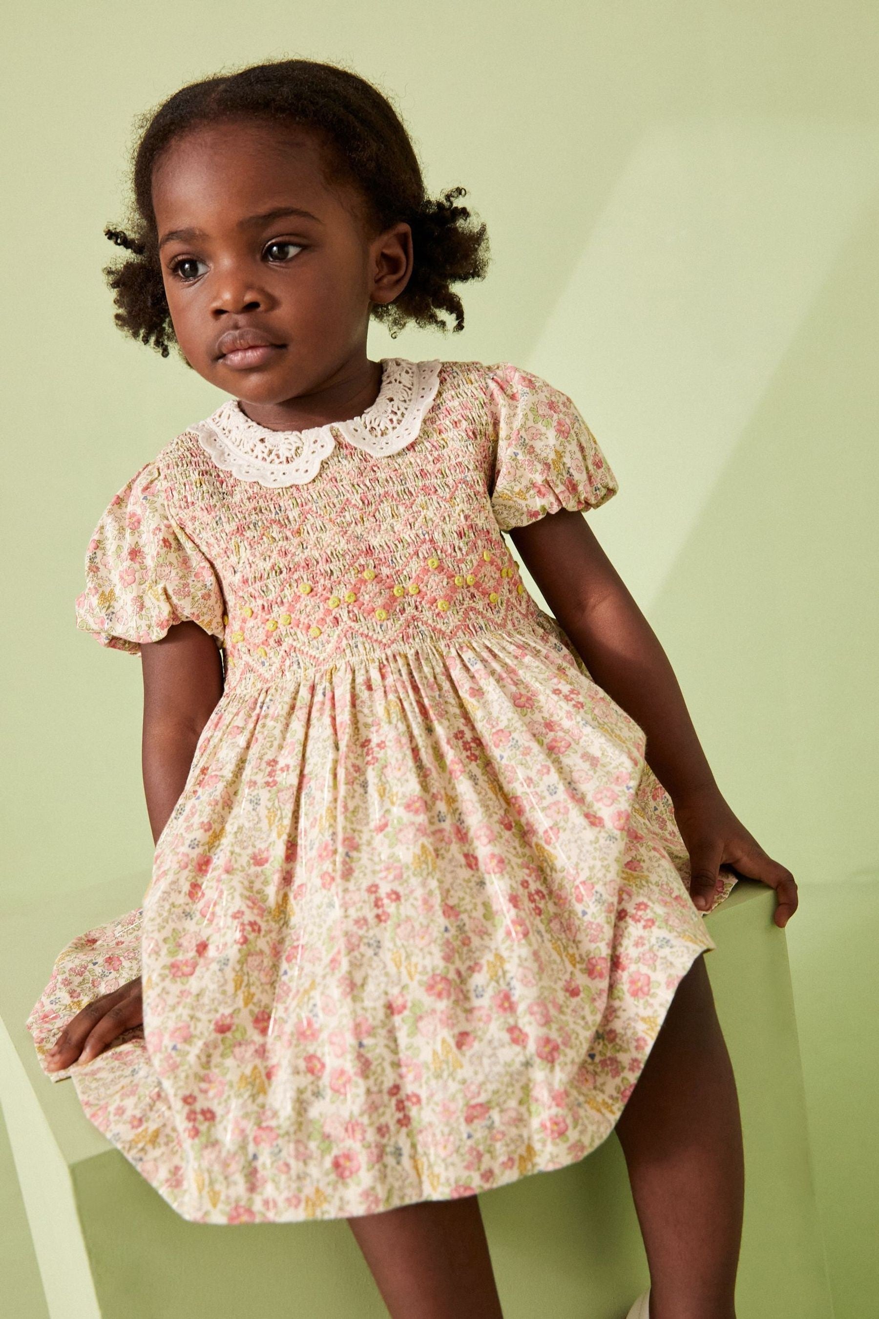 Pink Ditsy Sparkle Printed Lace Collar Shirred Cotton Dress (3mths-7yrs)