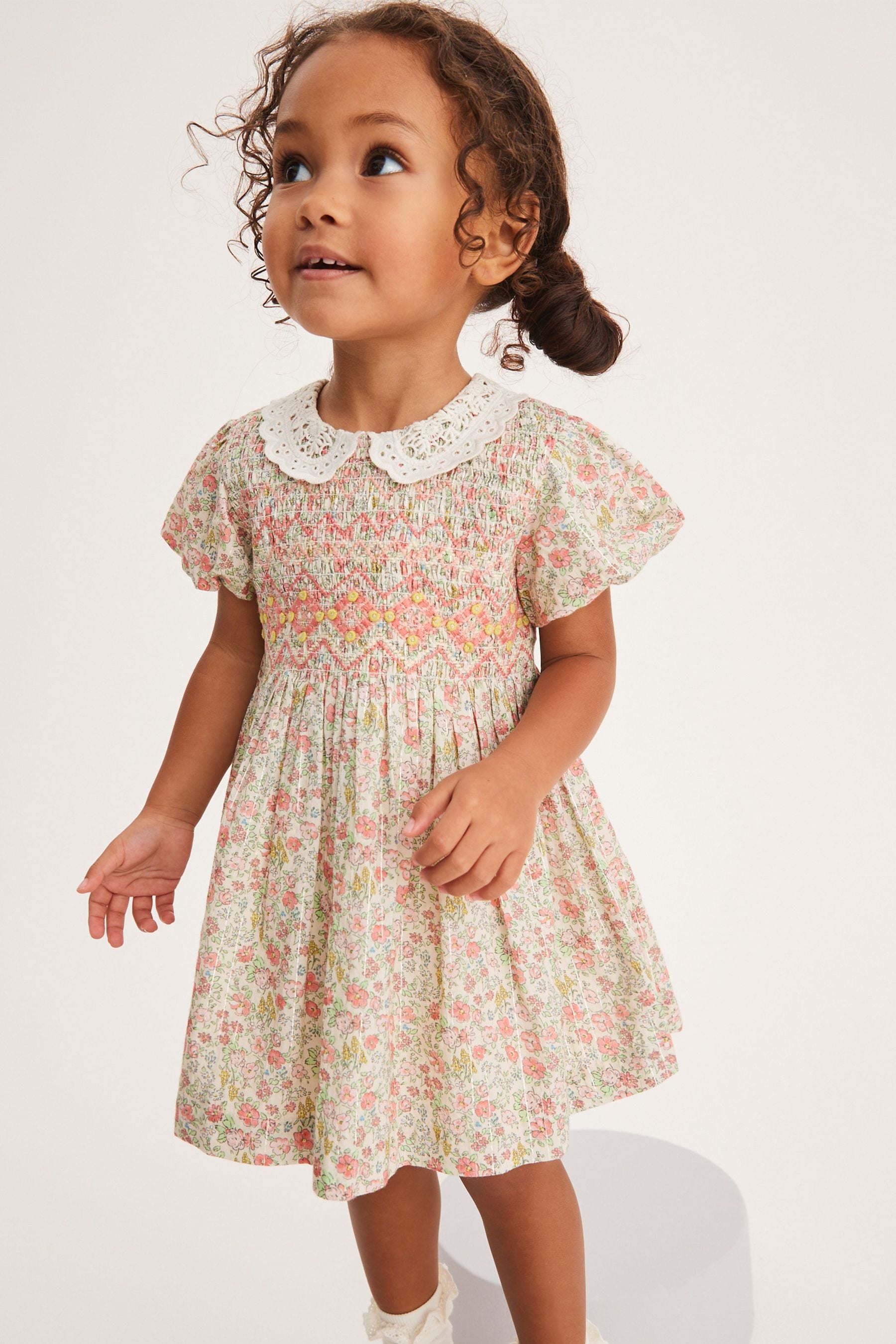 Pink Ditsy Sparkle Printed Lace Collar Shirred Cotton Dress (3mths-7yrs)