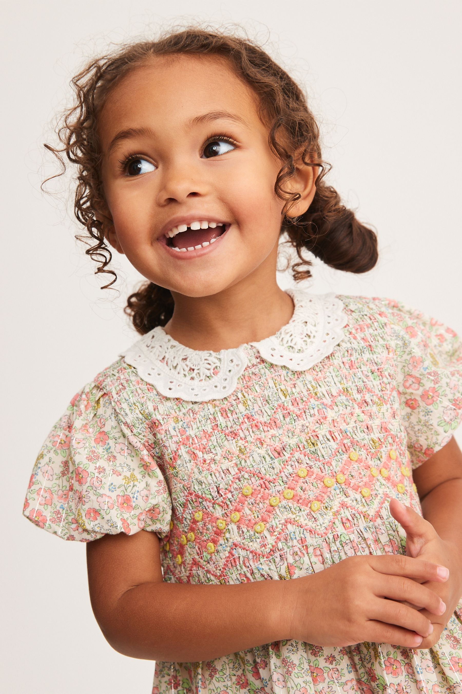 Pink Ditsy Sparkle Printed Lace Collar Shirred Cotton Dress (3mths-7yrs)