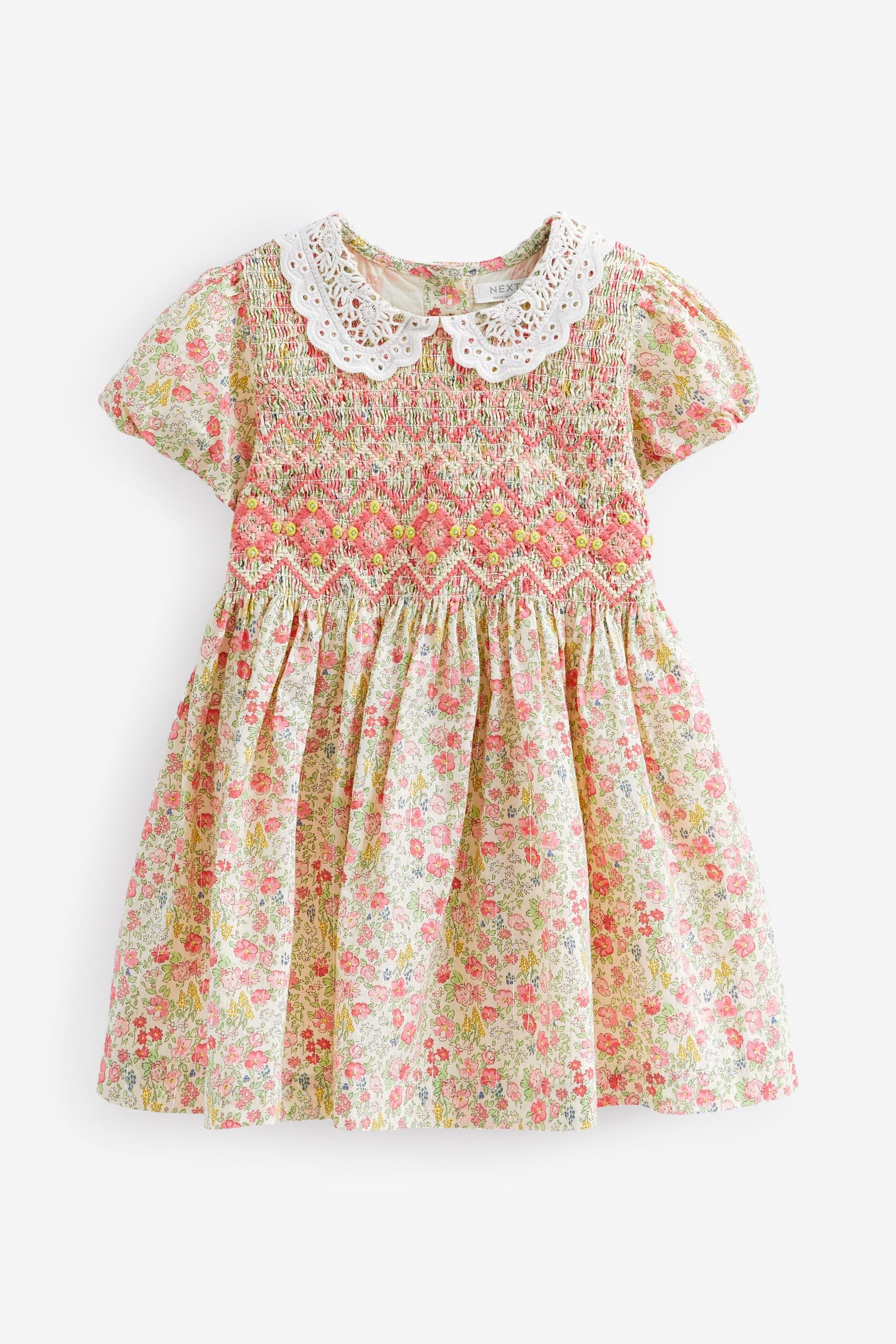 Pink Ditsy Sparkle Printed Lace Collar Shirred Cotton Dress (3mths-7yrs)