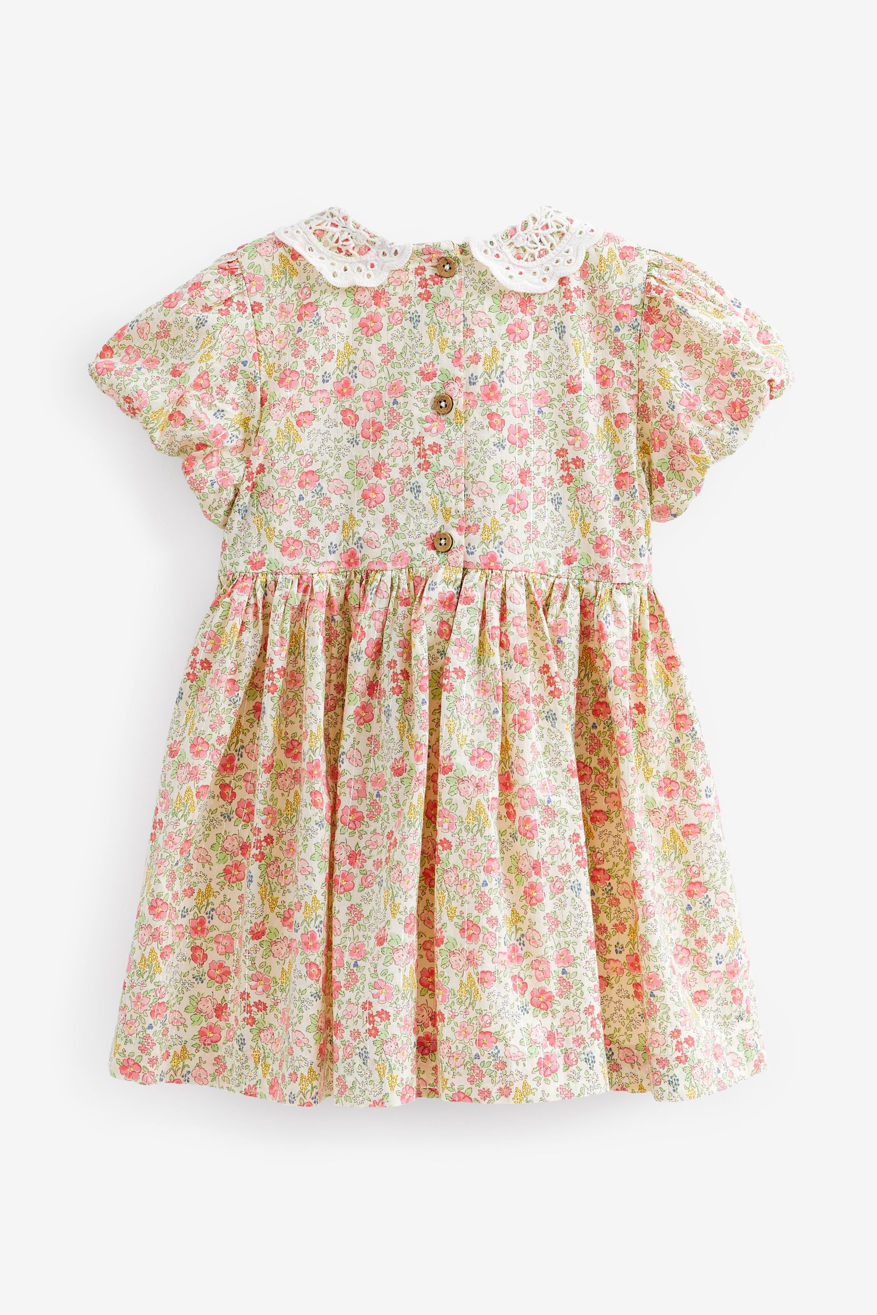 Pink Ditsy Sparkle Printed Lace Collar Shirred Cotton Dress (3mths-7yrs)