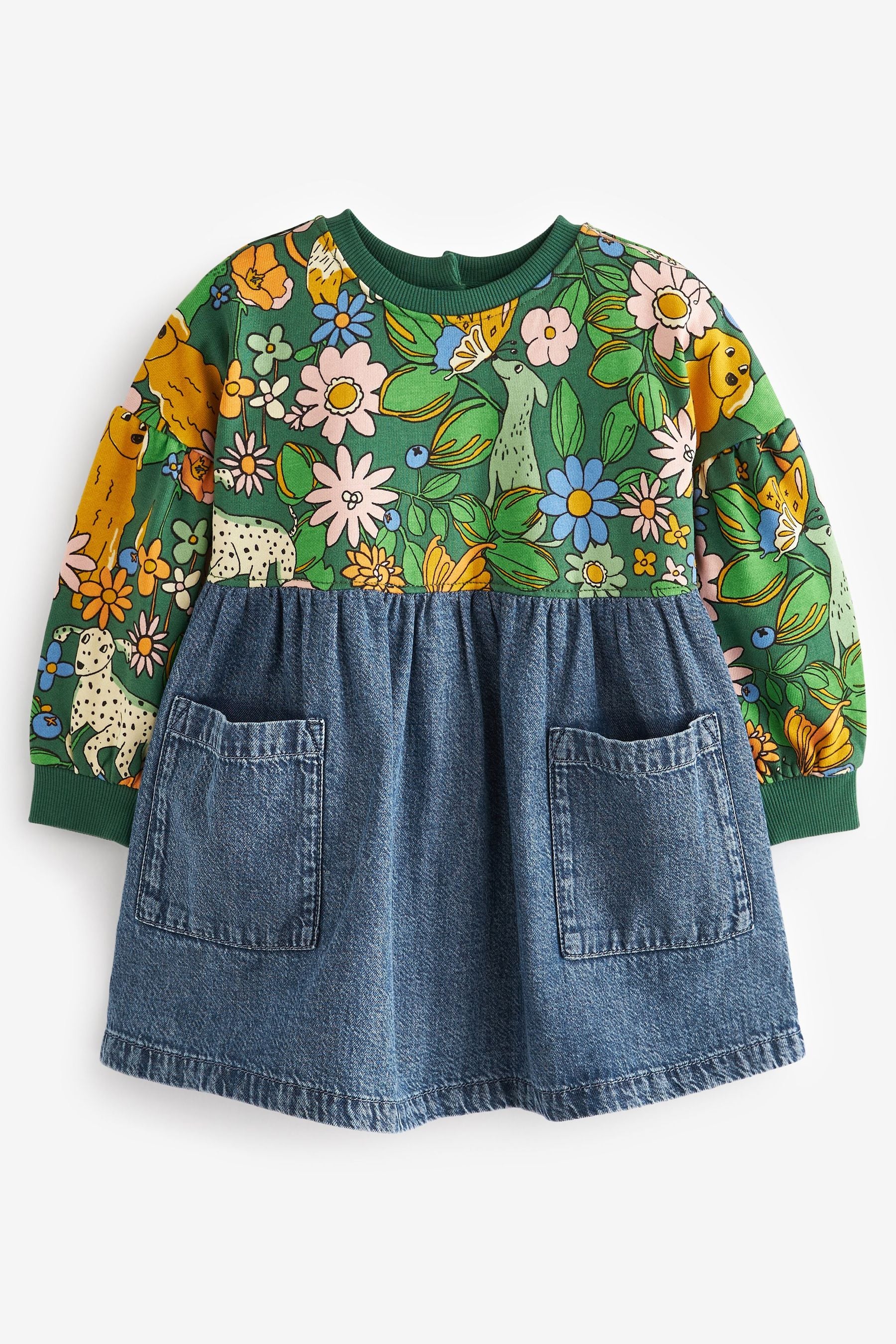 Green Dog Print Raglan Denim Dress (3mths-7yrs)