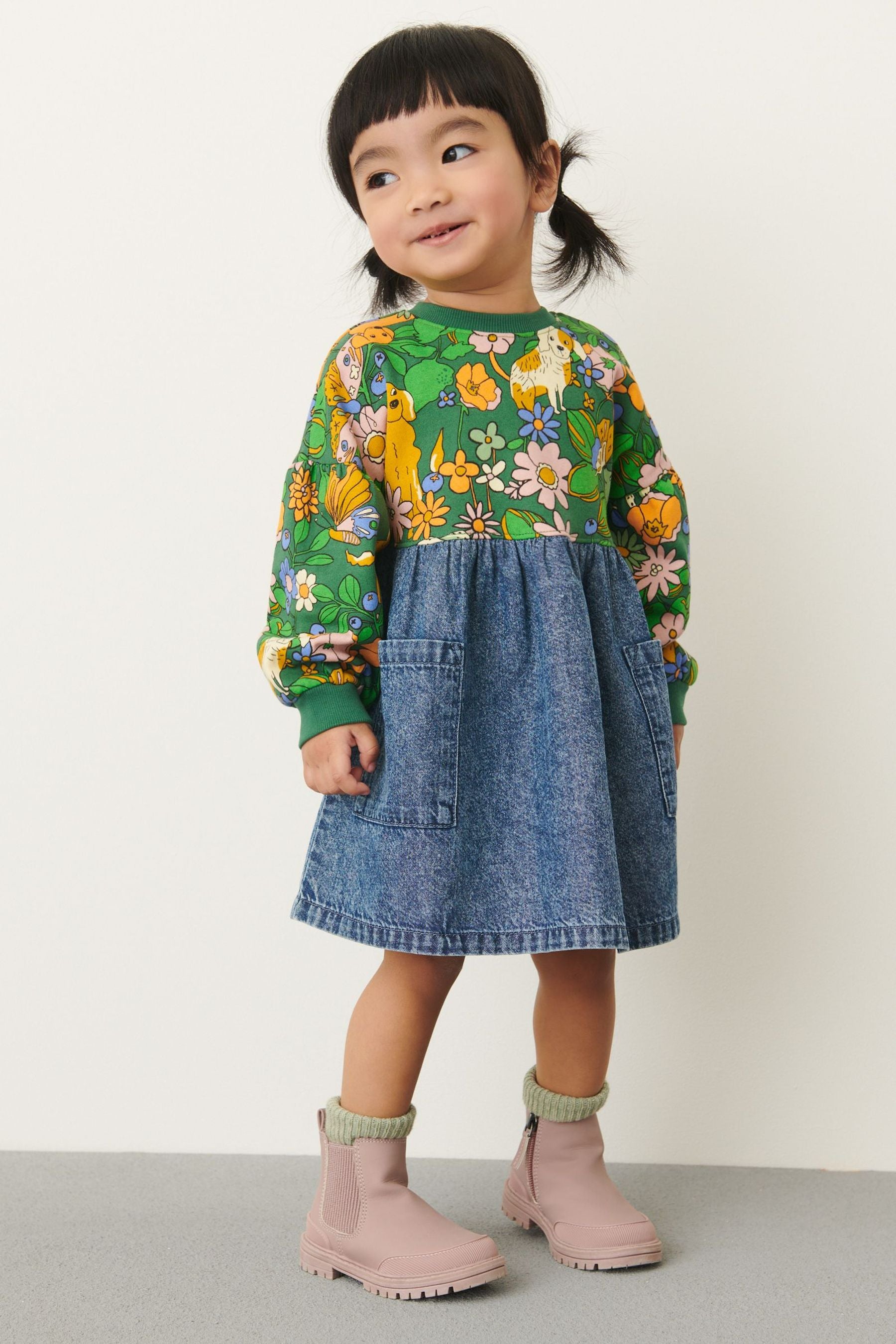 Green Dog Print Raglan Denim Dress (3mths-7yrs)