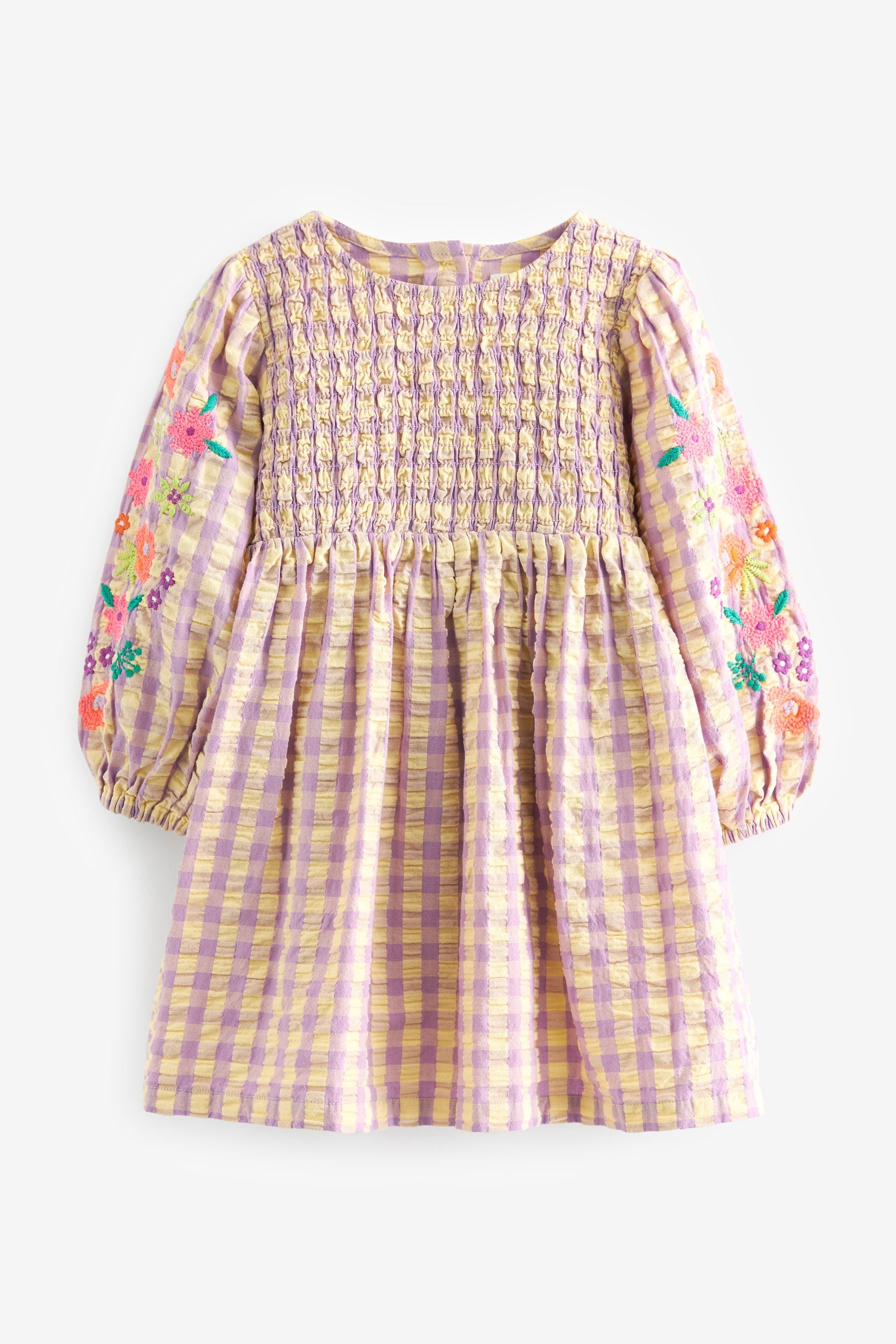 Lilac Purple Shirred Embroidered Cotton Dress (3mths-7yrs)