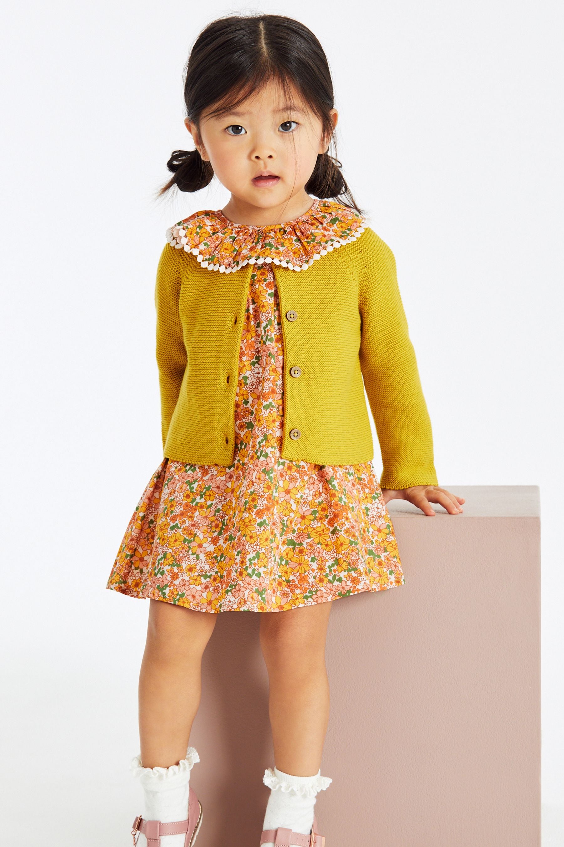 Yellow Ditsy Printed Dress And Cardigan Set (3mths-7yrs)