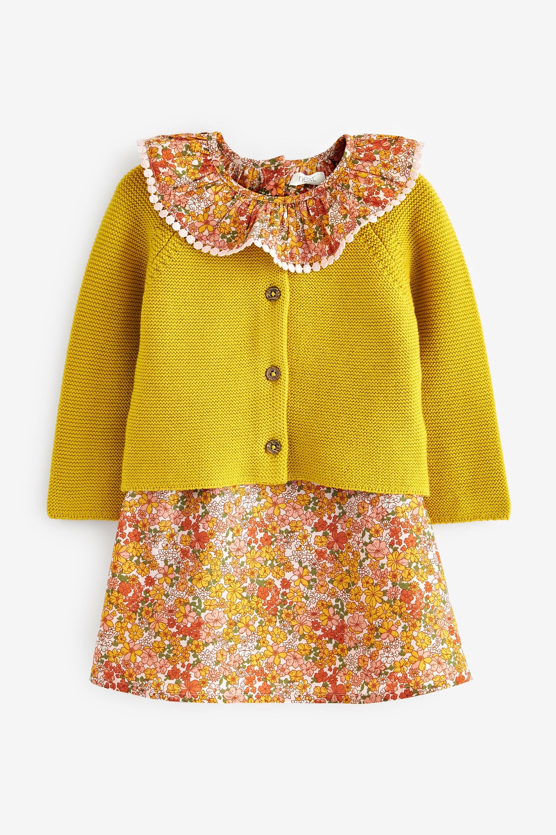 Yellow Ditsy Printed Dress And Cardigan Set (3mths-7yrs)