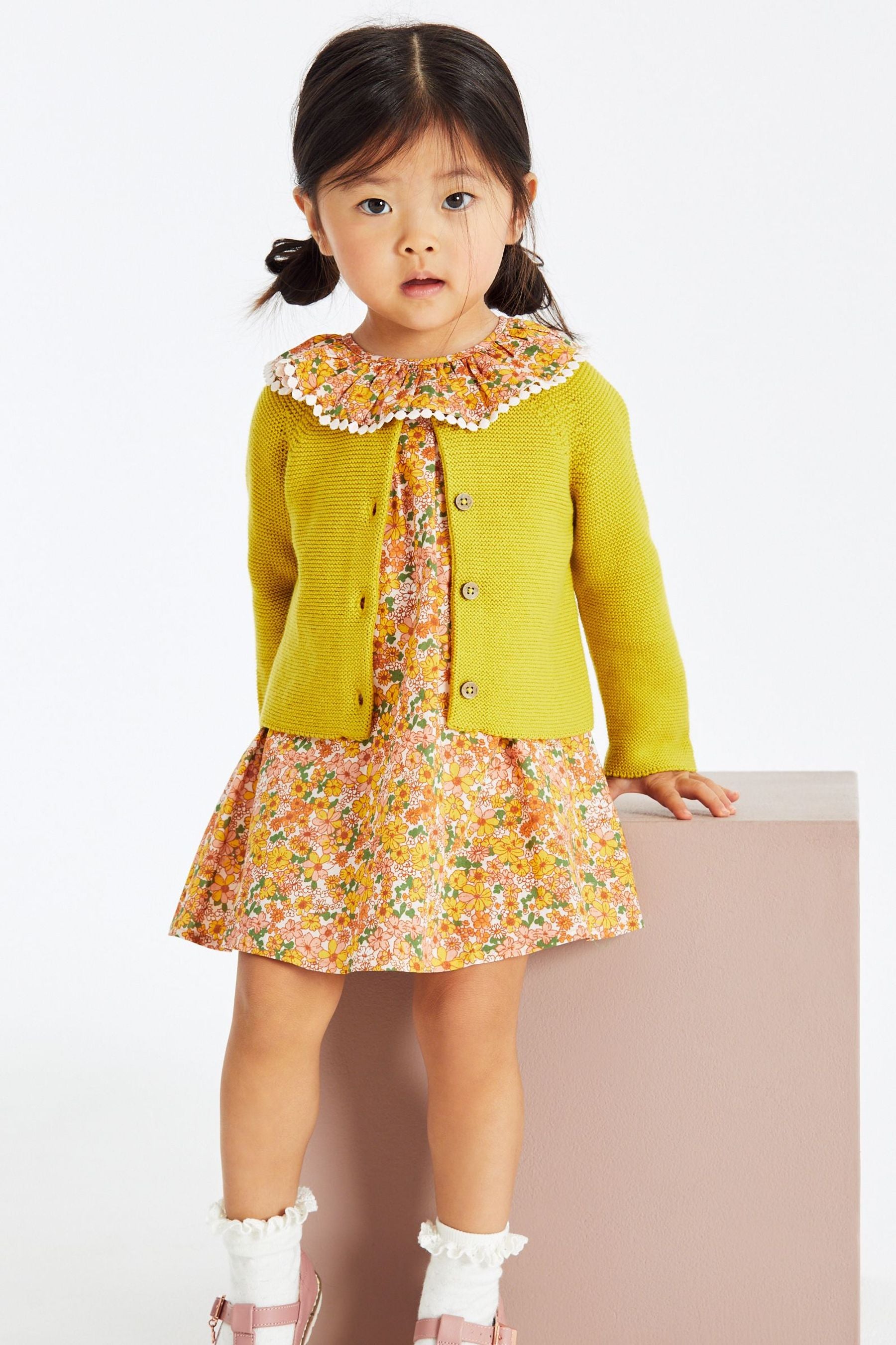 Yellow Ditsy Printed Dress And Cardigan Set (3mths-7yrs)