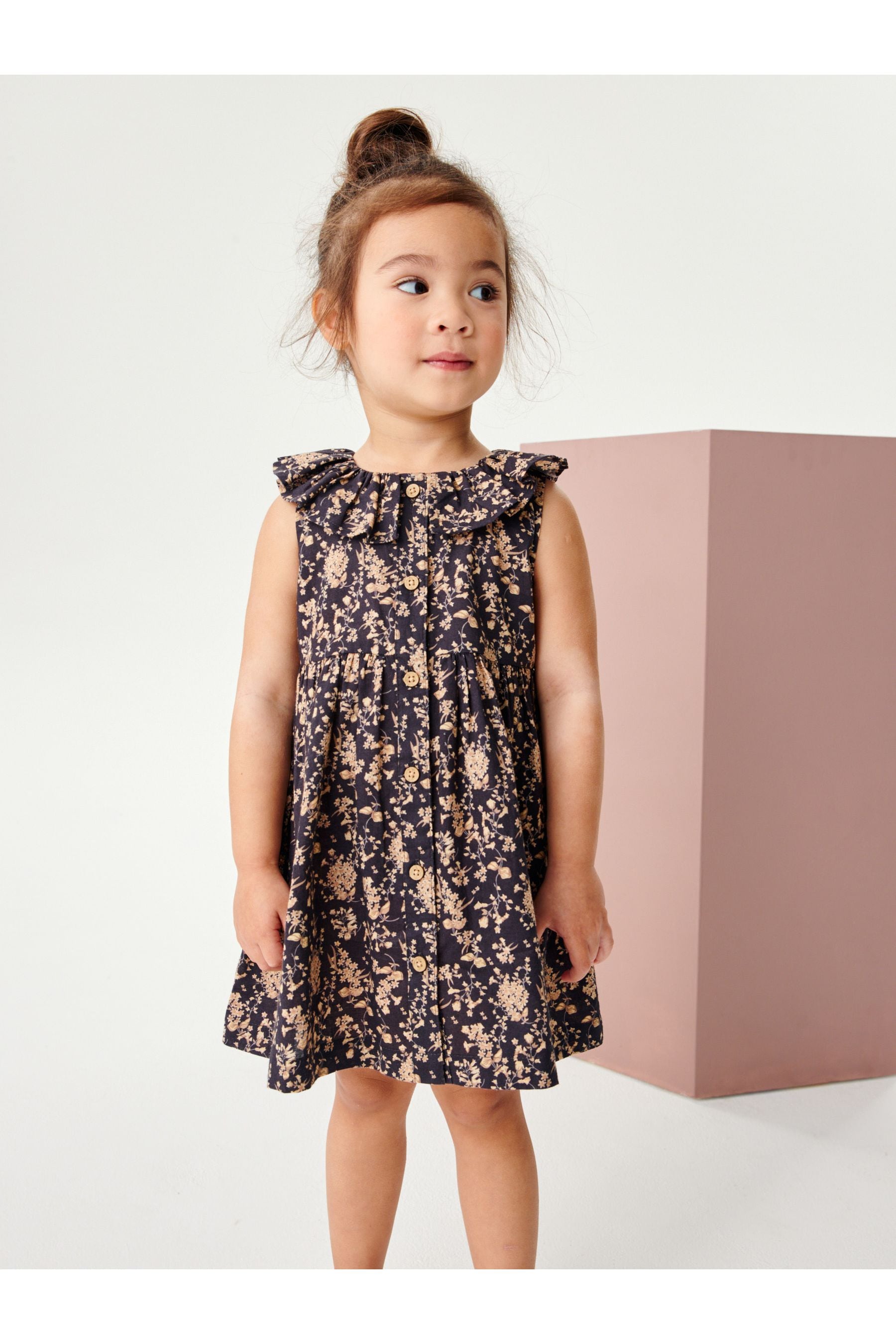 Black Ditsy Ruffle Collar Dress (3mths-8yrs)