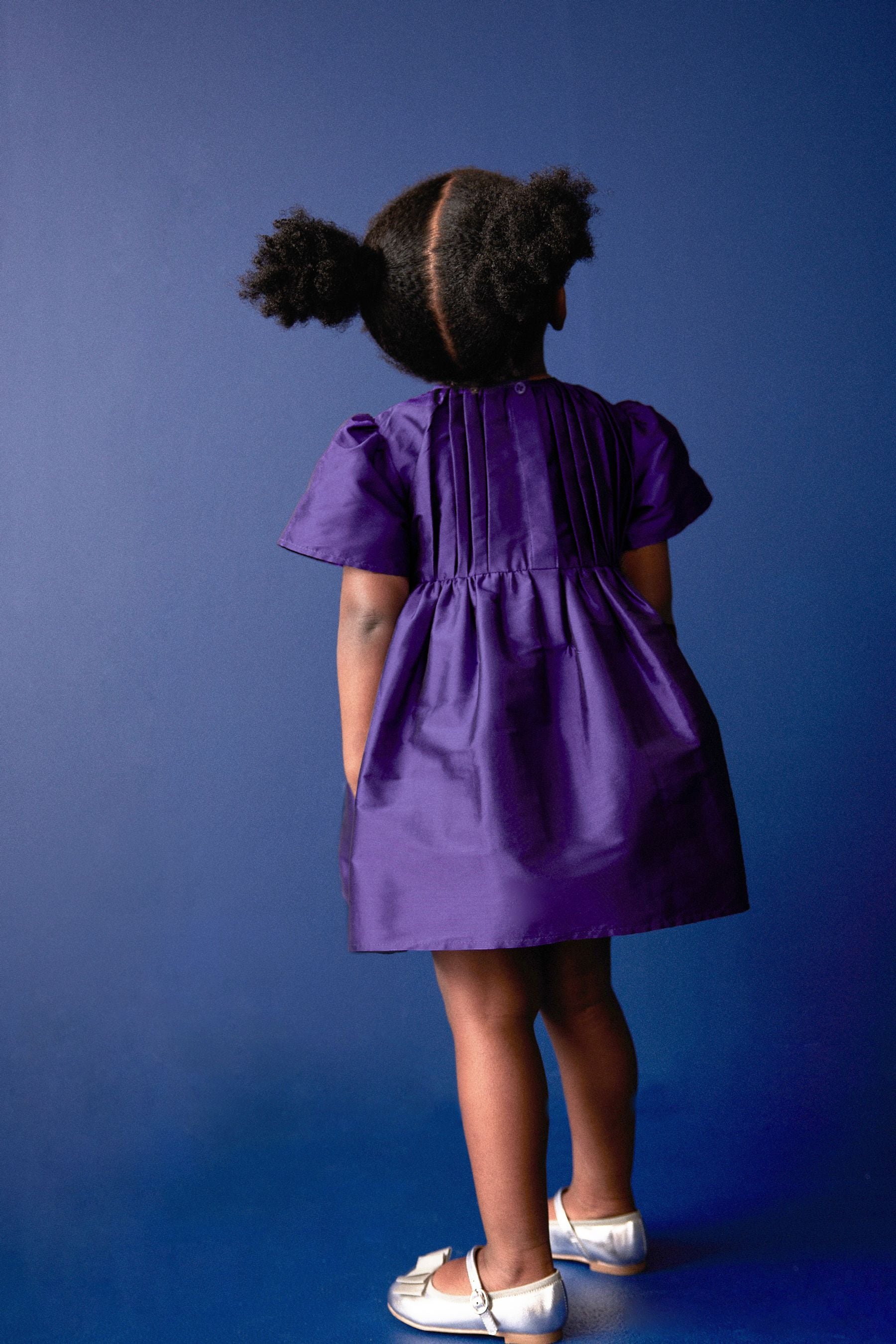 Purple Pleat Detail Short Sleeve Taffeta Dress (3mths-10yrs)