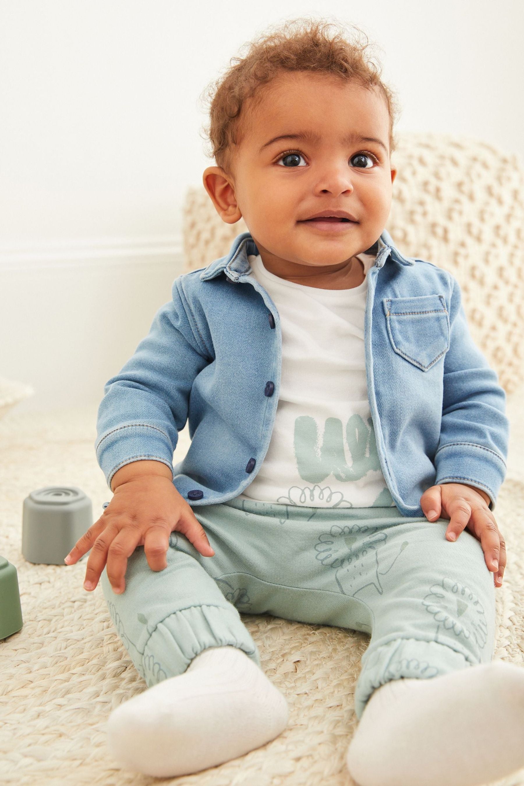 Blue/Stone Natural 3 Piece Baby Jacket, T-Shirt And Joggers Set