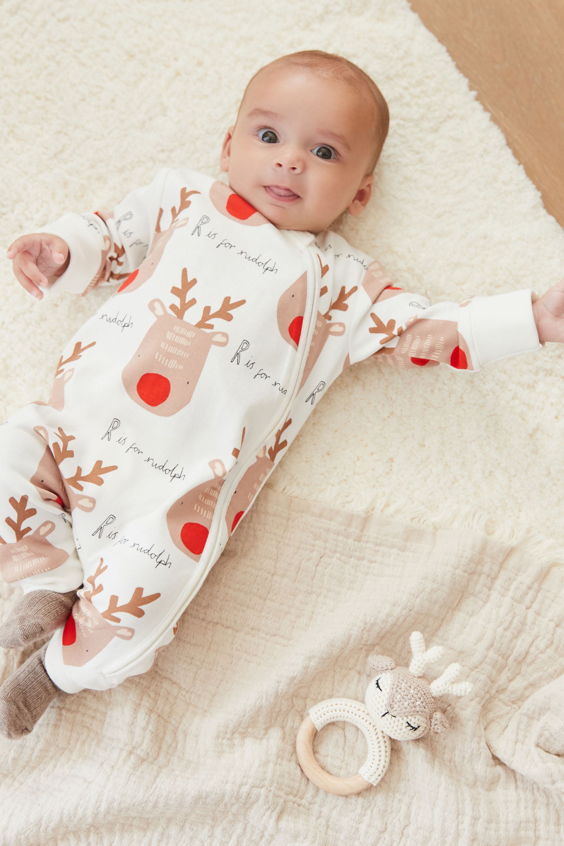 Festive Cream Reindeer Baby Christmas Single Zip Sleepsuit (0-3yrs)