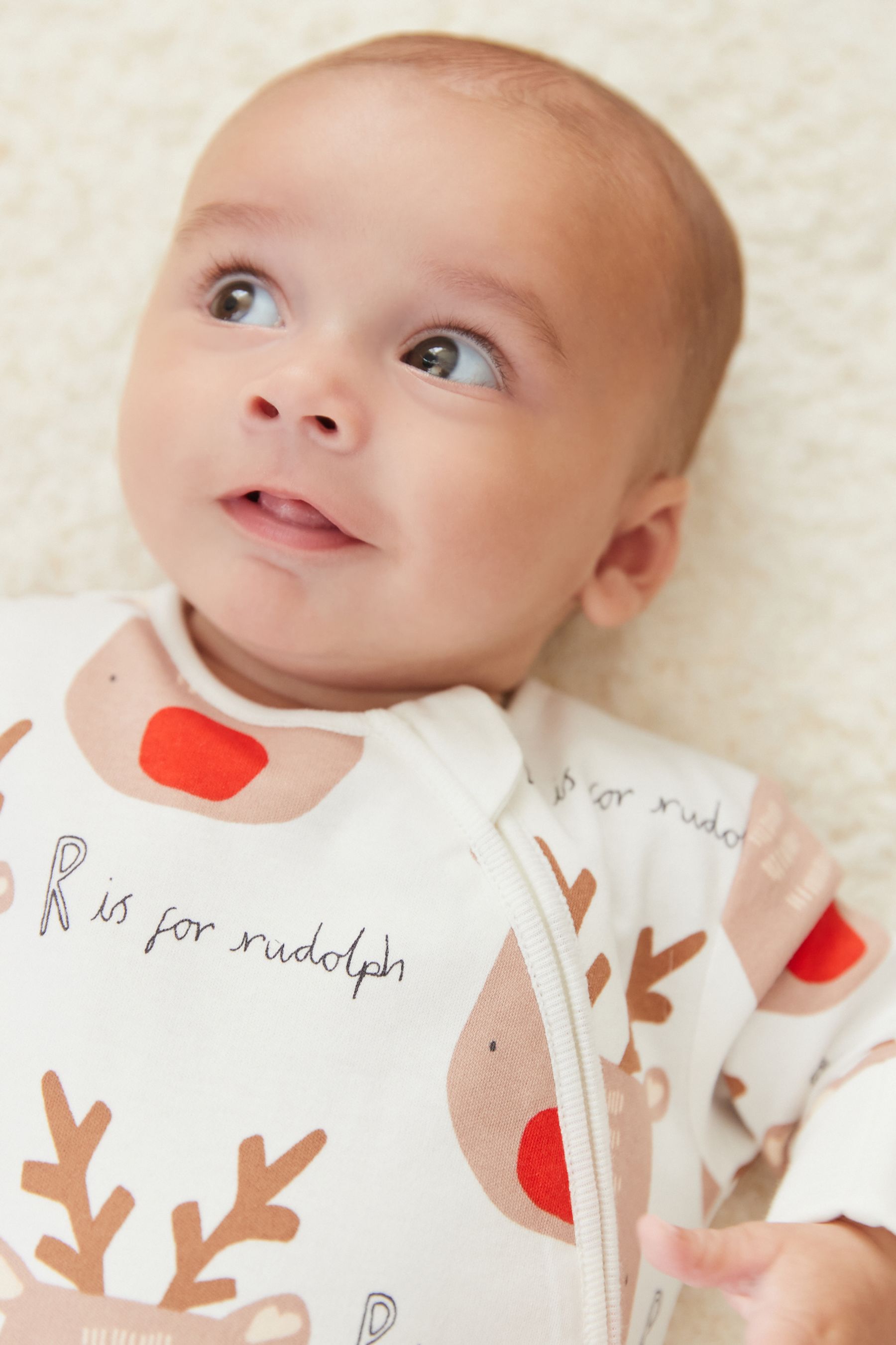 Festive Cream Reindeer Baby Christmas Single Zip Sleepsuit (0-3yrs)