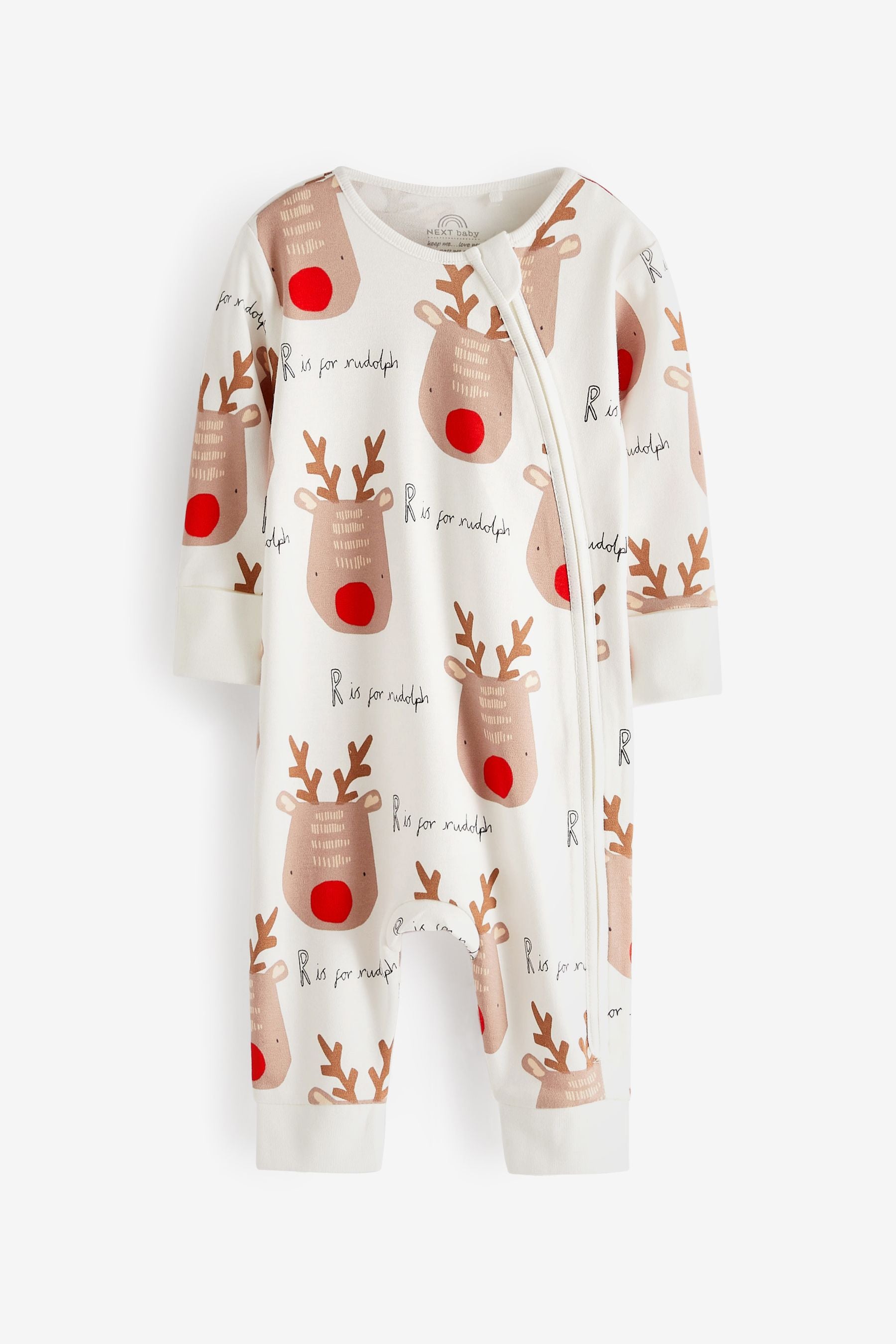 Festive Cream Reindeer Baby Christmas Single Zip Sleepsuit (0-3yrs)