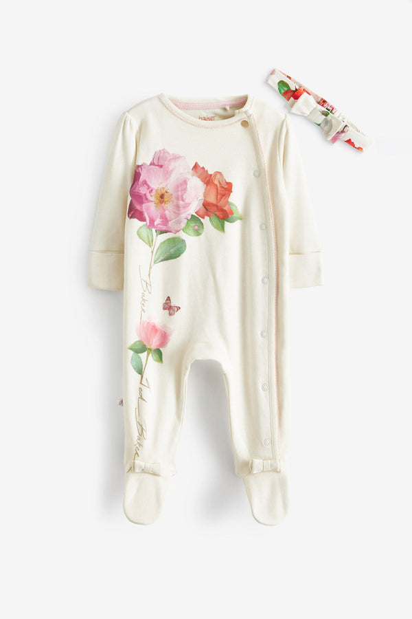 White Baker by Ted Baker Floral Graphic White Sleepsuit and Headband Set