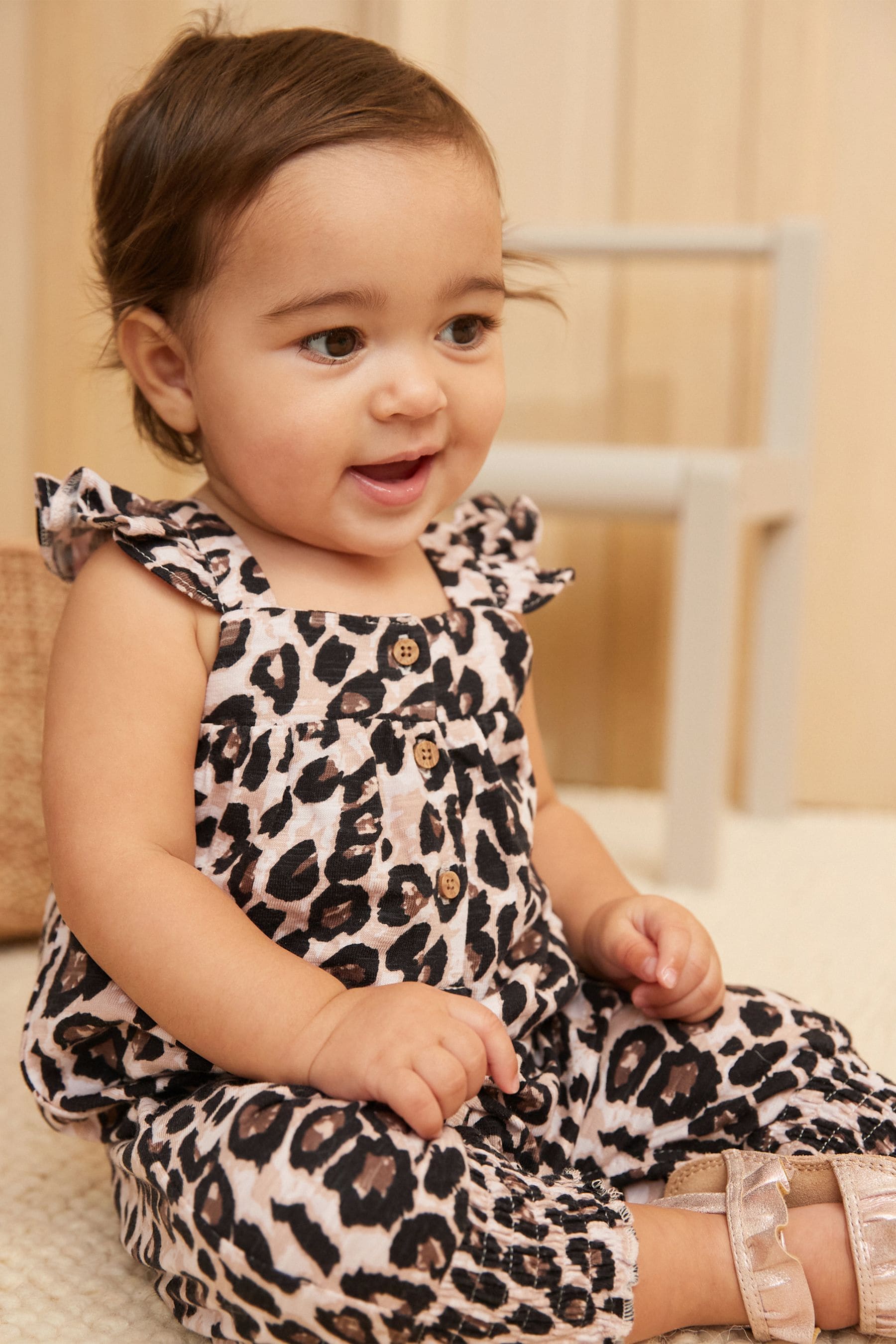 Black/Brown Leopard Baby Jersey Frill Shoulder Jumpsuit (0mths-3yrs)