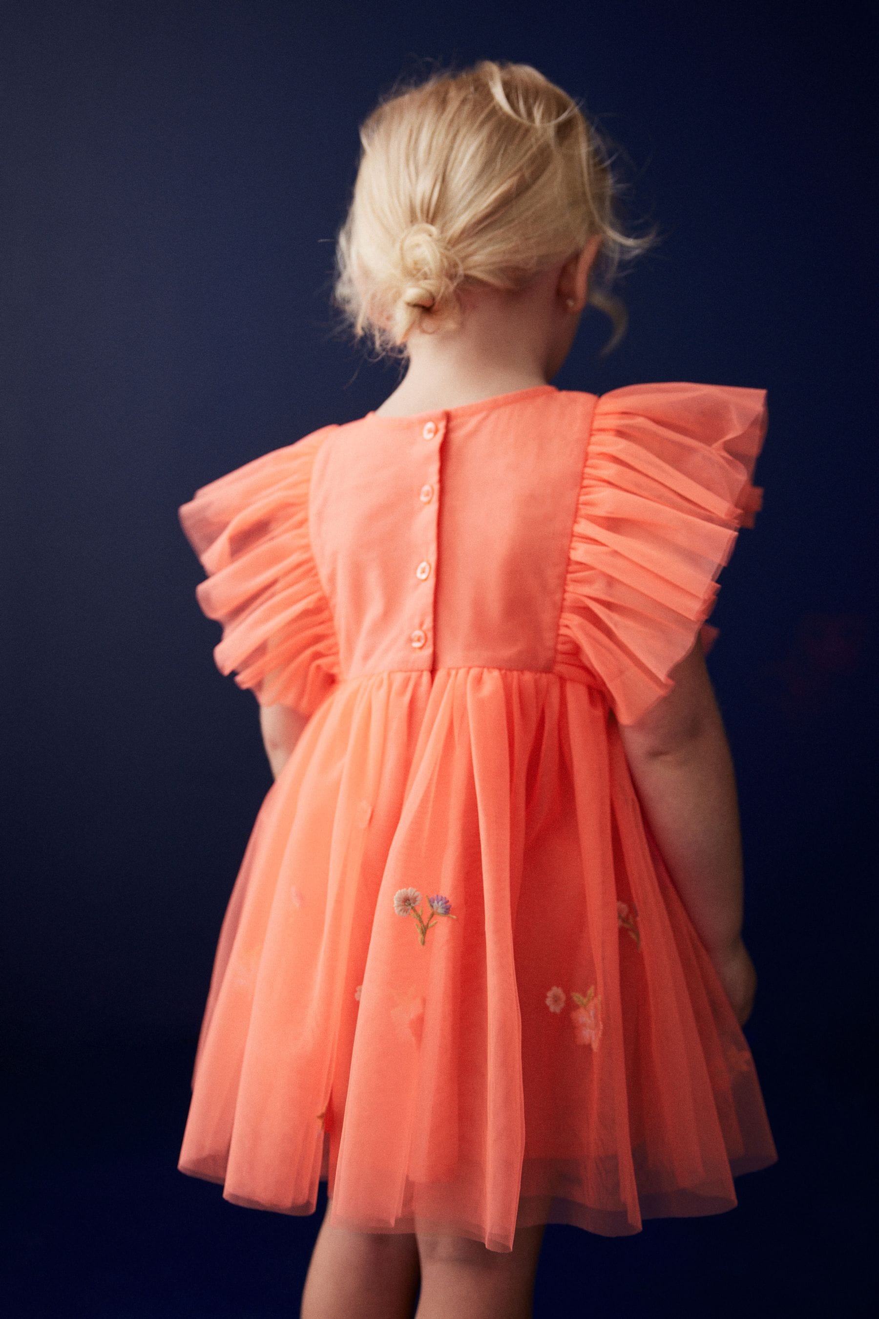 Coral Pink Embroidered Mesh Party Dress (3mths-10yrs)