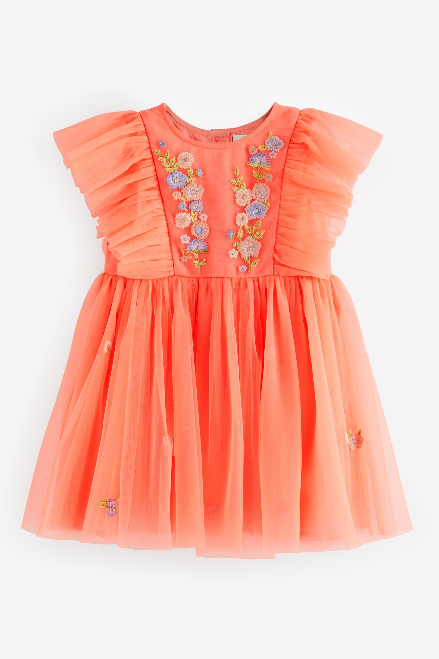 Coral Pink Embroidered Mesh Party Dress (3mths-10yrs)