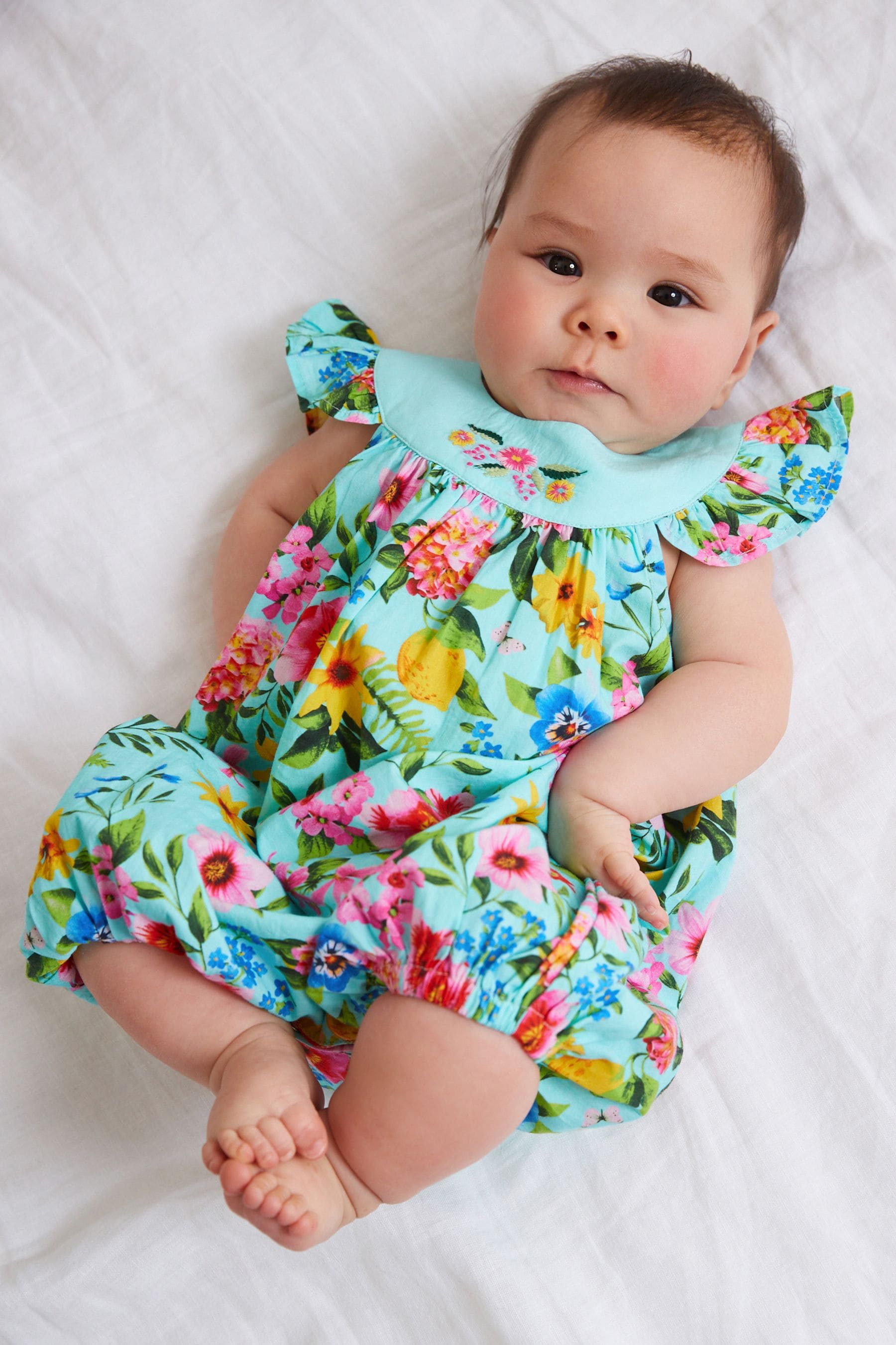 Teal Blue Floral Woven Baby Playsuit (0mths-2yrs)