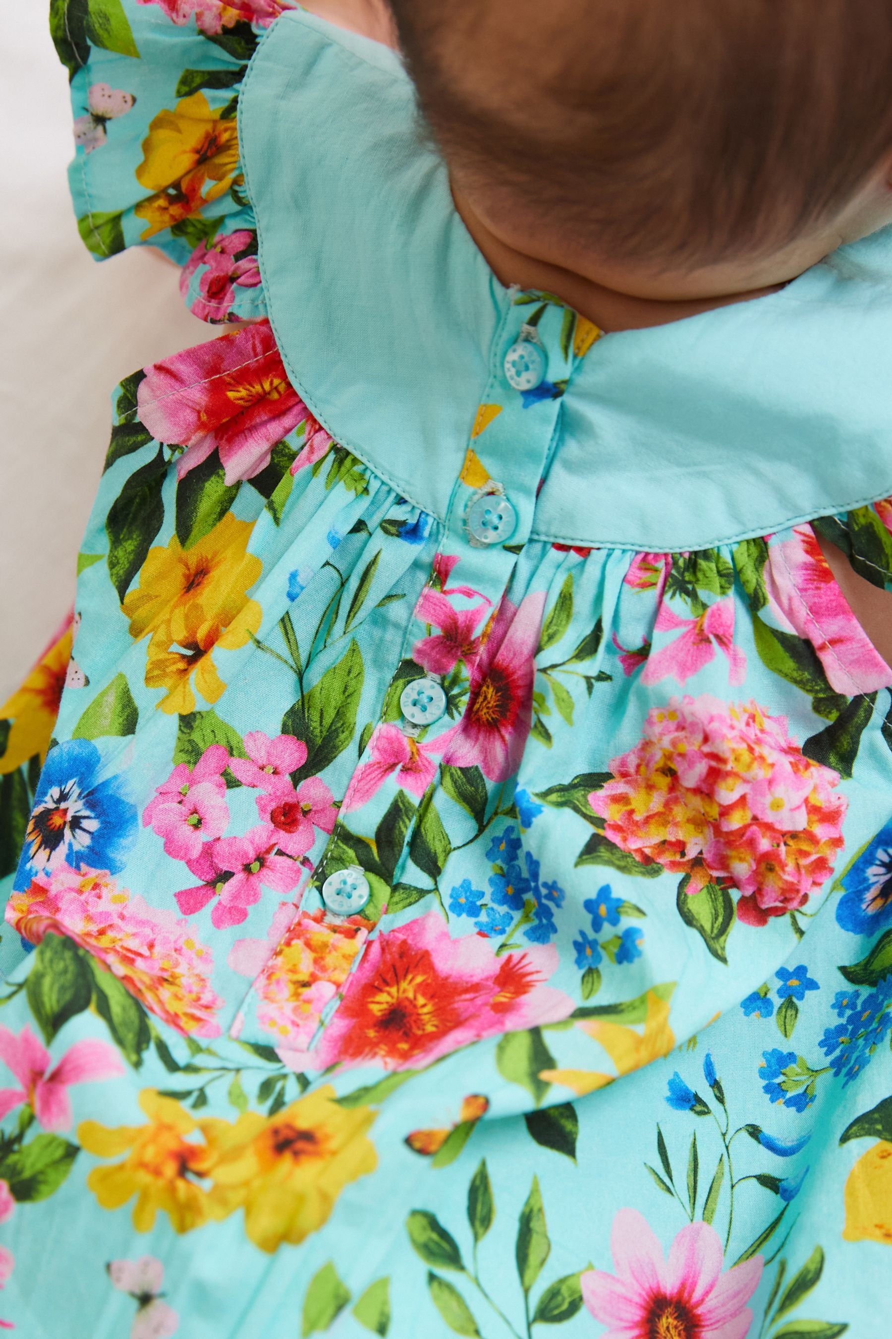 Teal Blue Floral Woven Baby Playsuit (0mths-2yrs)