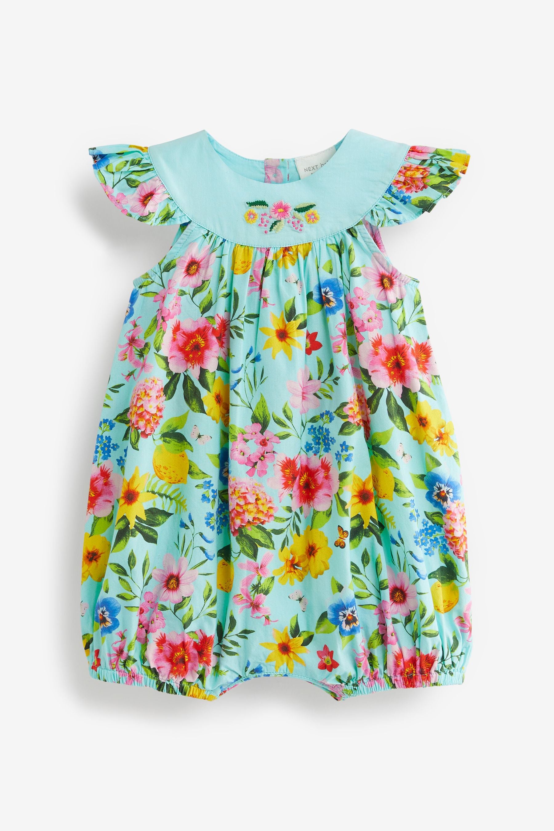 Teal Blue Floral Woven Baby Playsuit (0mths-2yrs)