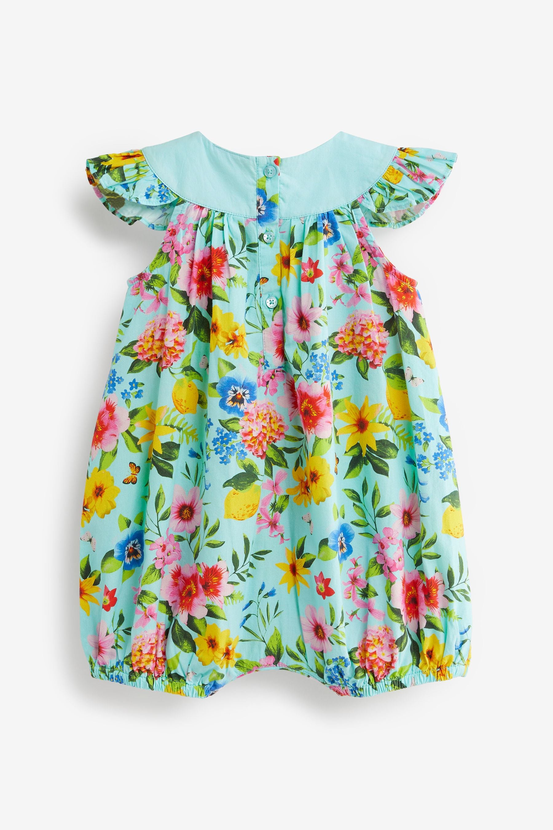 Teal Blue Floral Woven Baby Playsuit (0mths-2yrs)